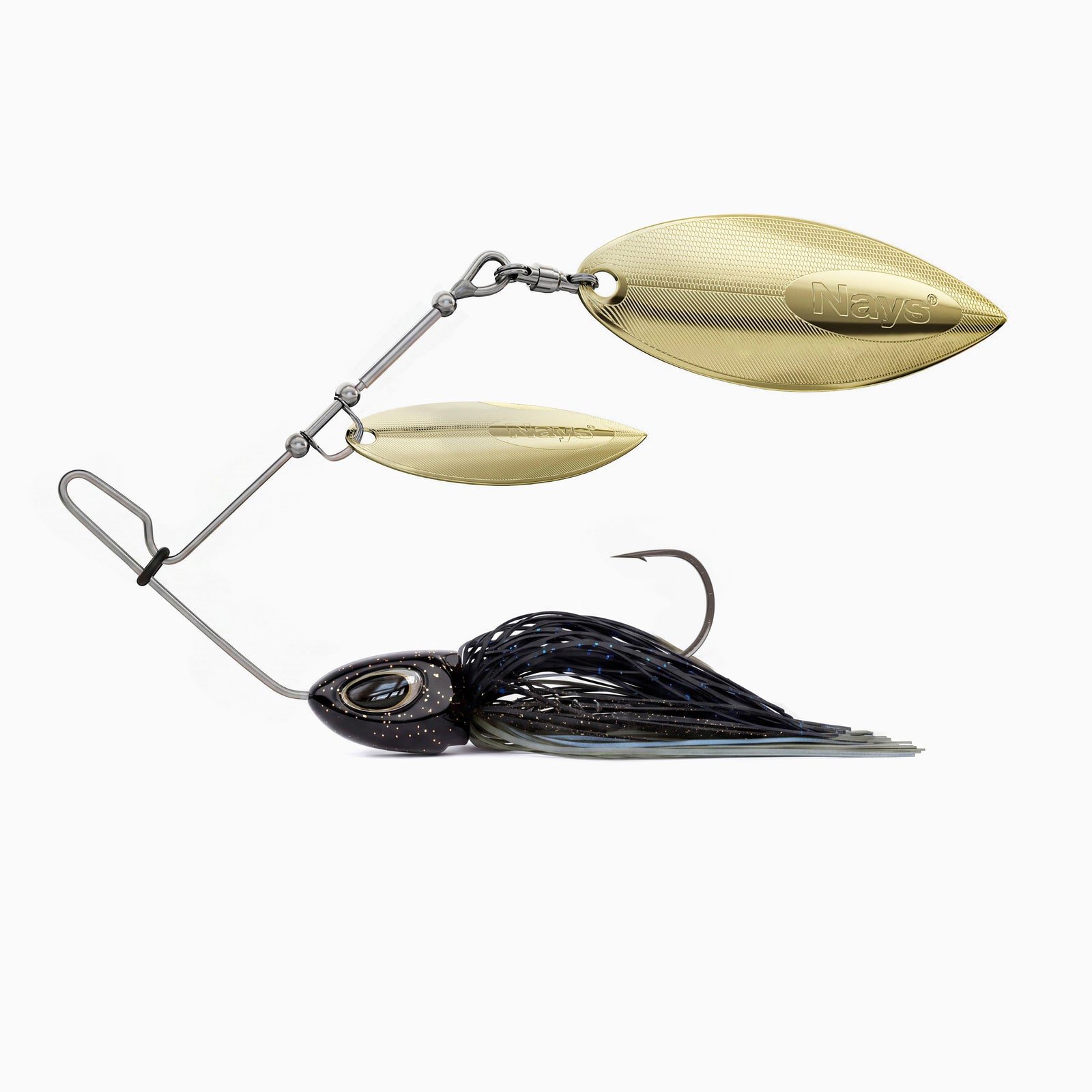 Nays Spinnerbait Angelköder Größe XL in Blau-Grau-Schwarz (Farbcode H11) mit doppeltem, goldenem Spinnerblatt.