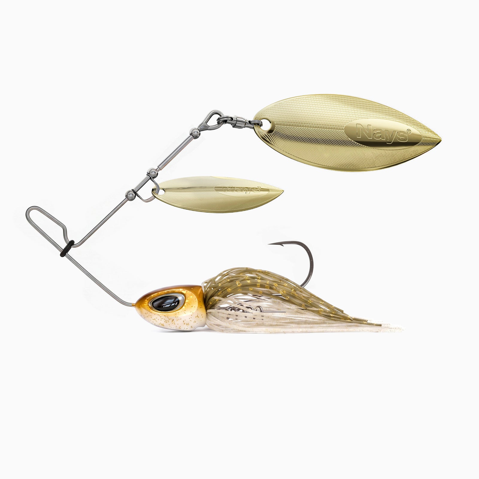 Nays Spinnerbait Angelköder Größe XL in Gold-Braun-Beige (Farbcode H12) mit  zweifachem, goldenem Spinnerblatt.