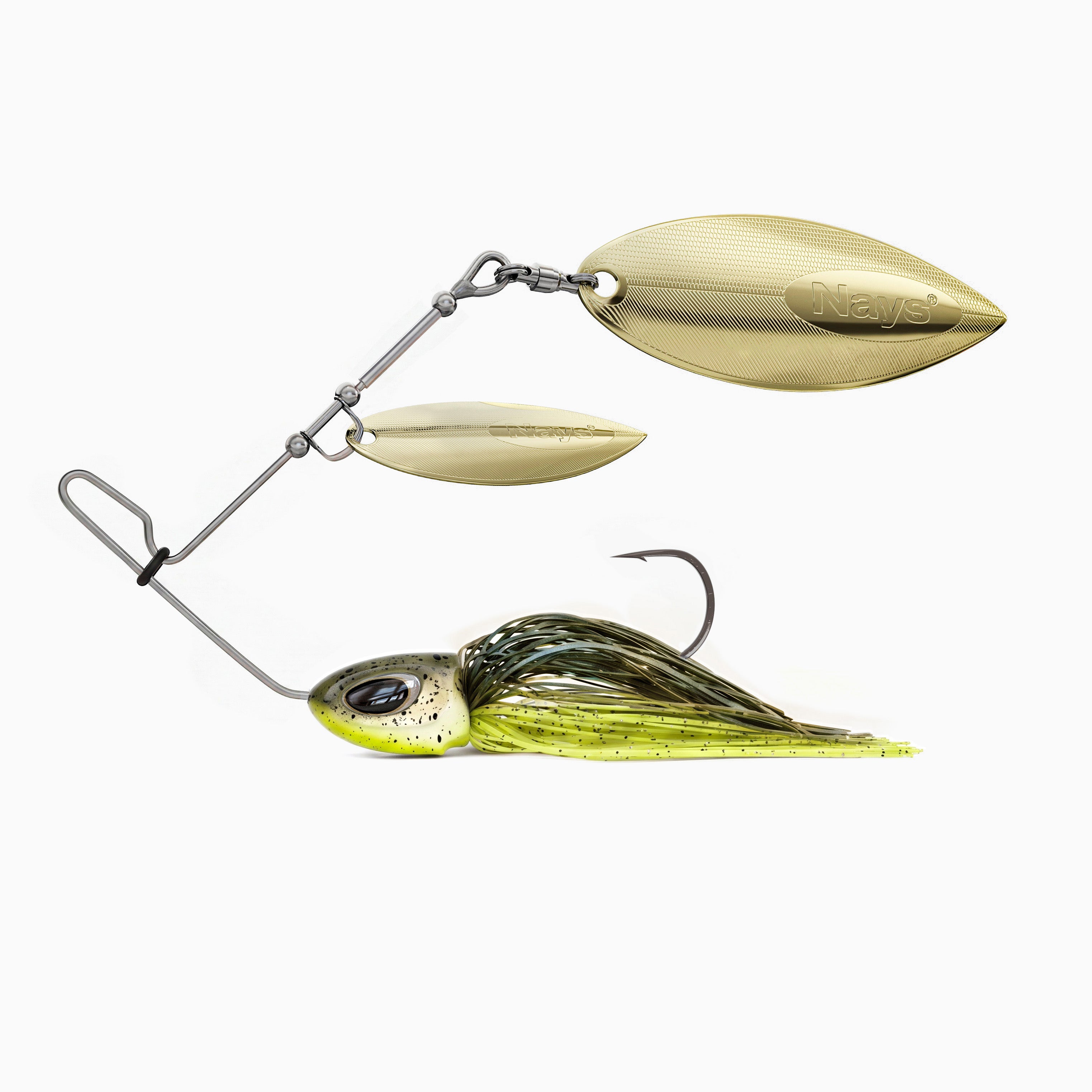 Nays Spinnerbait Angelköder Größe XL in Lime-Green-Olive (Farbcode H13) mit zweifachem, goldenem Spinnerblatt.