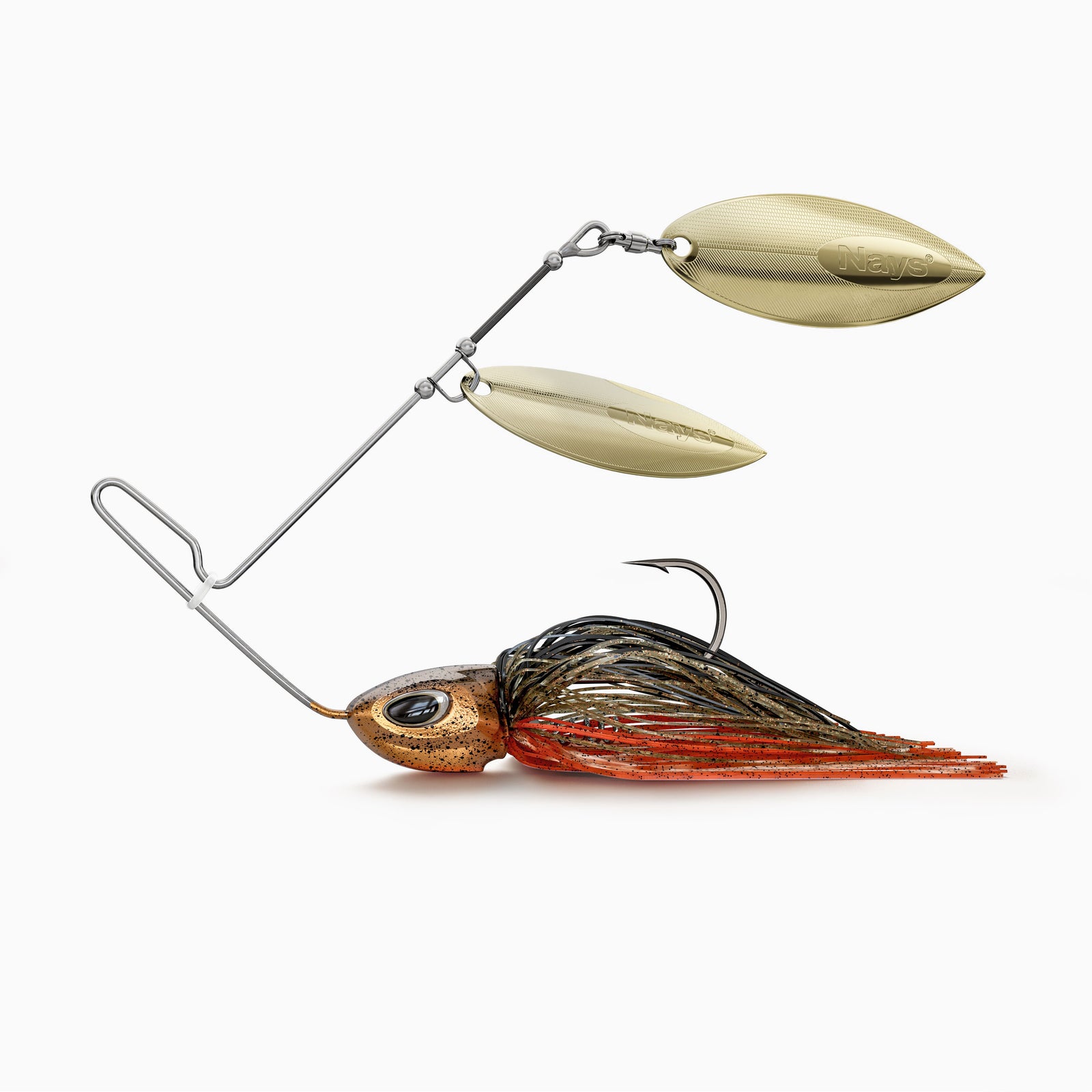Nays MZRNNR Angelköder mit zwei silbernen Willow-Blades, orange-braunem Kopf, BKK Einzel Haken, einer Köder-Spirale zur Befestigung von Trailern und einem Fransen-Kleid in Schwarz und Orange. Ein vibrations-starker Spinner-Bait-Köder, ideal für Barsch, Hecht und andere Raubfische.