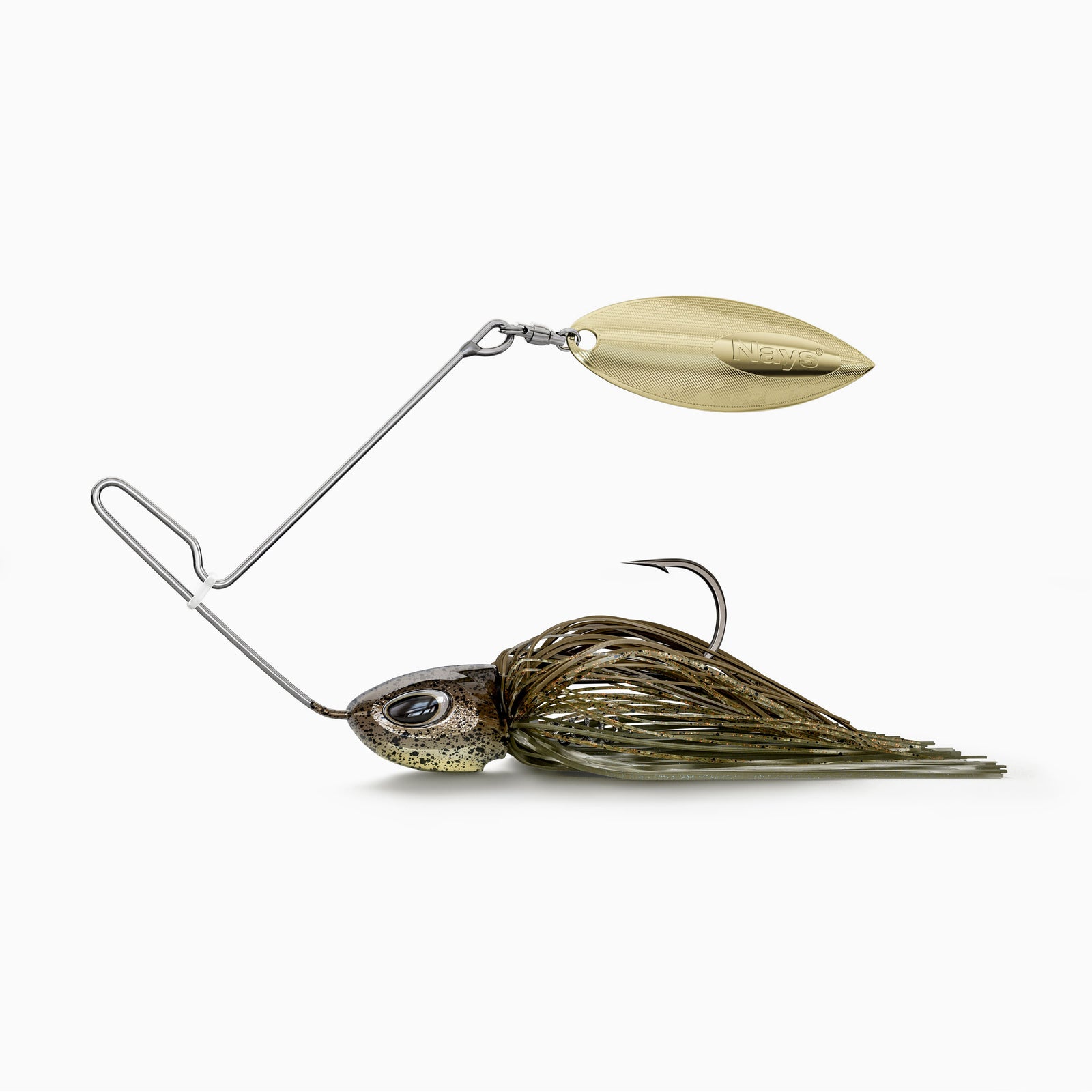 Nays MZRNNR Angelköder mit goldenem Willow-Blade, braun-goldenem Kopf, BKK Einzel Haken, einer Köder-Spirale zur Befestigung von Trailern und einem Fransen-Kleid in Braun-, Gold- und Olivtönen. Ein vibrations-starker Spinner-Bait-Köder, ideal für Barsch, Hecht und andere Raubfische.