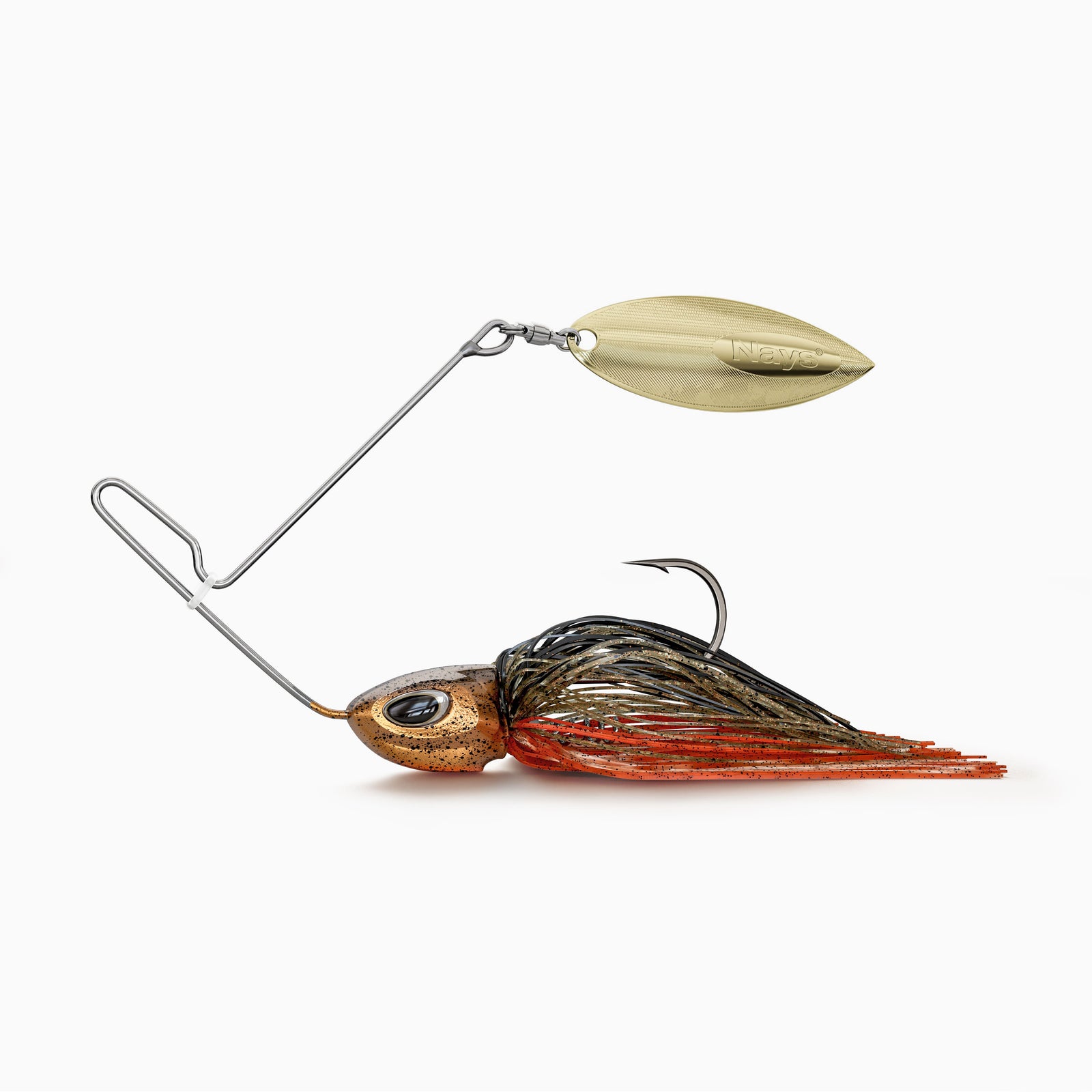 Nays MZRNNR Angelköder mit goldenem Willow-Blade, orange-braunem Kopf, BKK Einzel Haken, einer Köder-Spirale zur Befestigung von Trailern und einem Fransen-Kleid in Schwarz und Orange. Ein vibrations-starker Spinner-Bait-Köder, ideal für Barsch, Hecht und andere Raubfische.