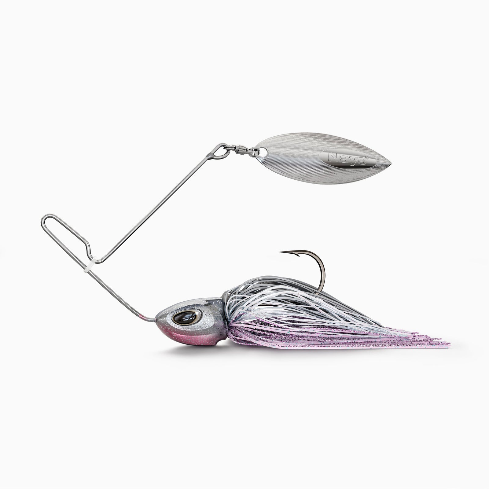 Nays MZRNNR Angelköder mit silbernem Willow-Blade, grauem Kopf mit pinkfarbenem Akzent, BKK Einzel Haken, einer Köder-Spirale zur Befestigung von Trailern und einem Fransen-Kleid in Silber, Schwarz und Pink. Ein vibrations-starker Spinner-Bait-Köder, ideal für Barsch, Hecht und andere Raubfische.