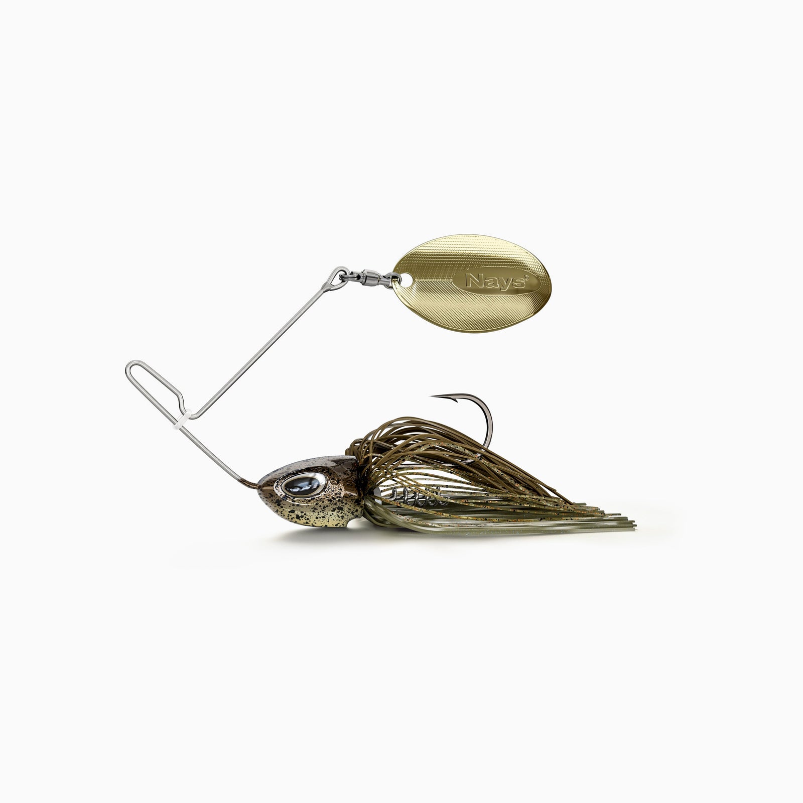Nays MZRNNR Angelköder mit goldenem Blade, braun-goldenem Kopf, BKK Einzel Haken, einer Köder-Spirale zur Befestigung von Trailern und einem Fransen-Kleid in Braun-, Gold- und Olivtönen. Ein vibrations-starker Spinner-Bait-Köder, ideal für Barsch, Hecht und andere Raubfische.