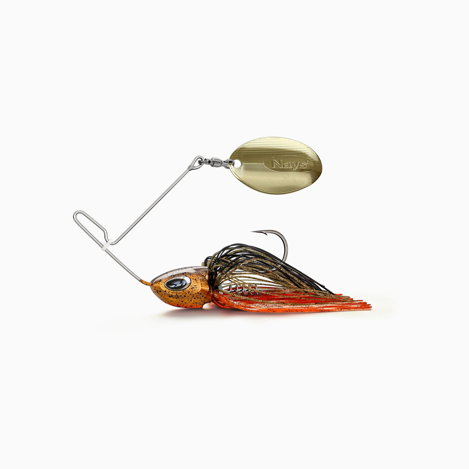 Nays MZRNNR Angelköder mit goldenem Blade, orange-braunem Kopf, BKK Einzel Haken, einer Köder-Spirale zur Befestigung von Trailern und einem Fransen-Kleid in Schwarz und Orange. Ein vibrations-starker Spinner-Bait-Köder, ideal für Barsch, Hecht und andere Raubfische.