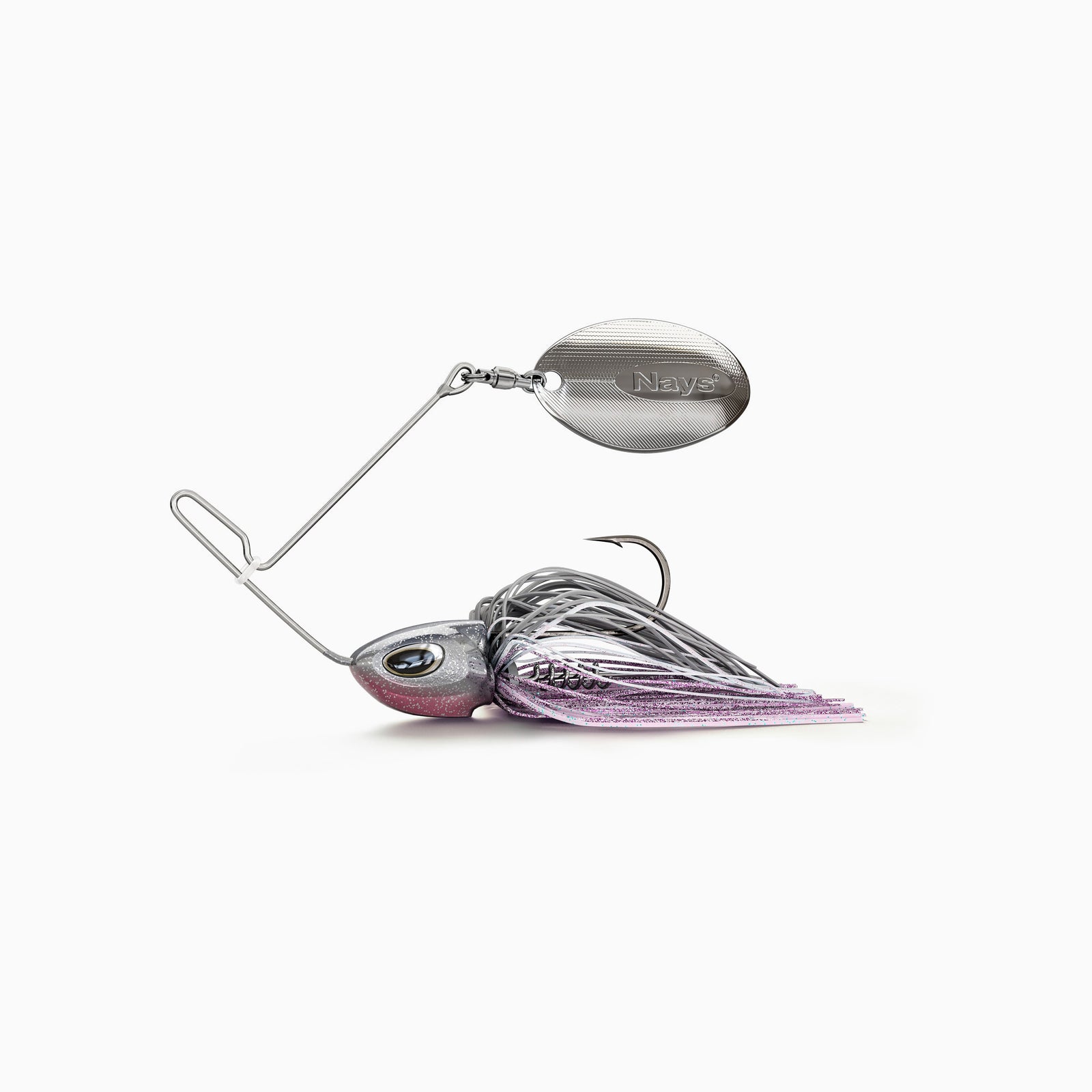 Nays MZRNNR Angelköder mit silbernem Blade, grauem Kopf mit pinkfarbenem Akzent, BKK Einzel Haken, einer Köder-Spirale zur Befestigung von Trailern und einem Fransen-Kleid in Silber, Schwarz und Pink. Ein vibrations-starker Spinner-Bait-Köder, ideal für Barsch, Hecht und andere Raubfische.