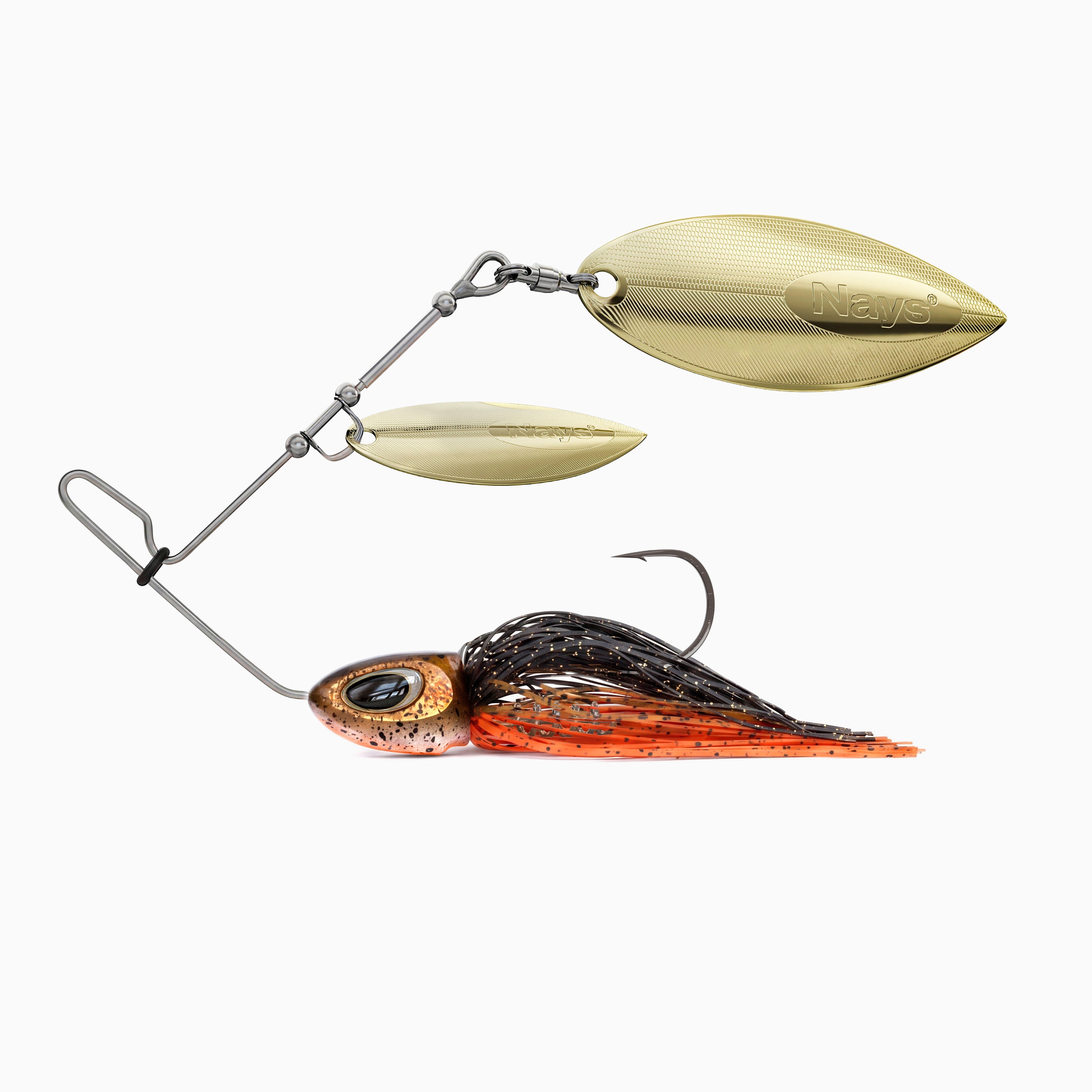 Nays Spinnerbait Angelköder Größe XL in Braun-Orange (Farbcode H04) mit zweifachem, goldenem Spinnerblatt.