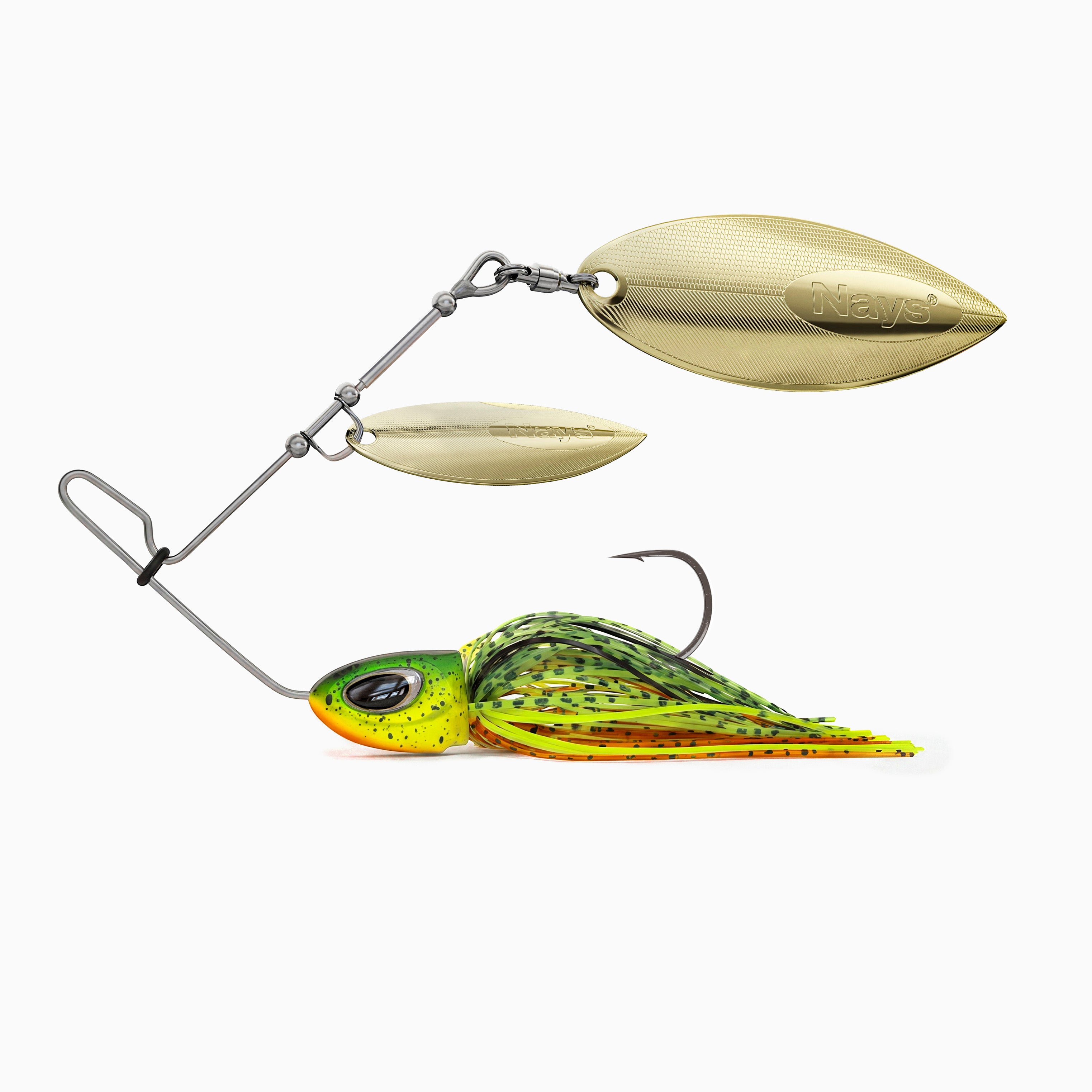 Nays Spinnerbait Angelköder Größe XL in Firetiger-Grün (Farbcode H07) mit zweifachem, goldenem Spinnerblatt.