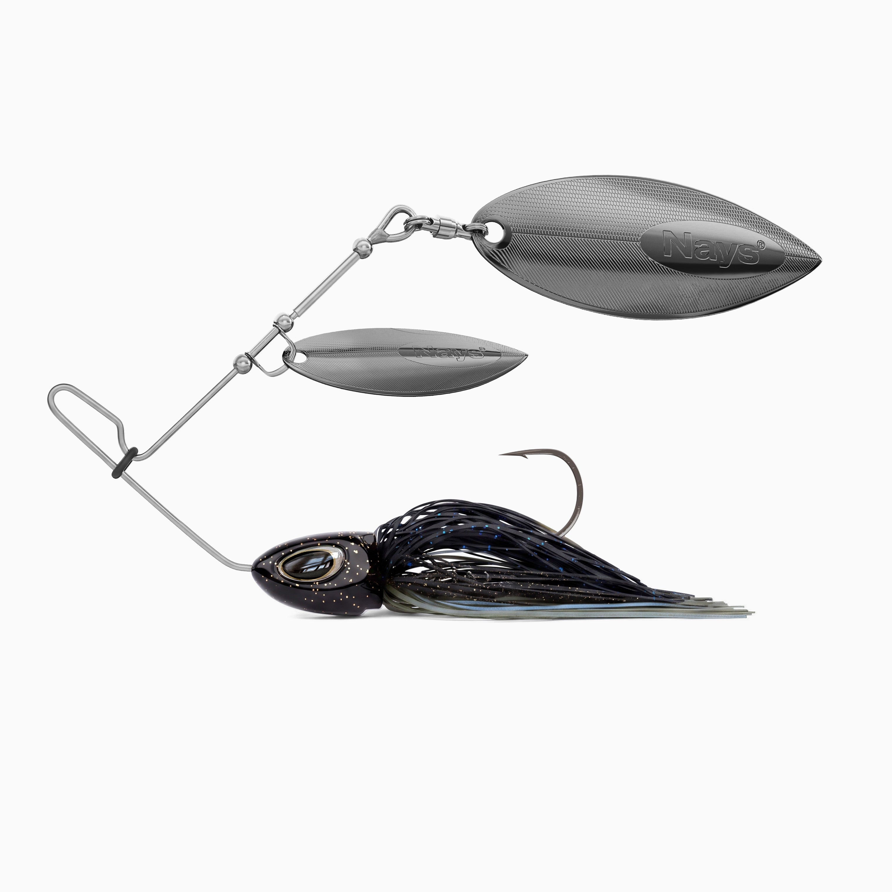 Nays Spinnerbait Angelköder Größe XL in Blau-Grau-Schwarz (Farbcode H11) mit doppeltem, goldenem Spinnerblatt.