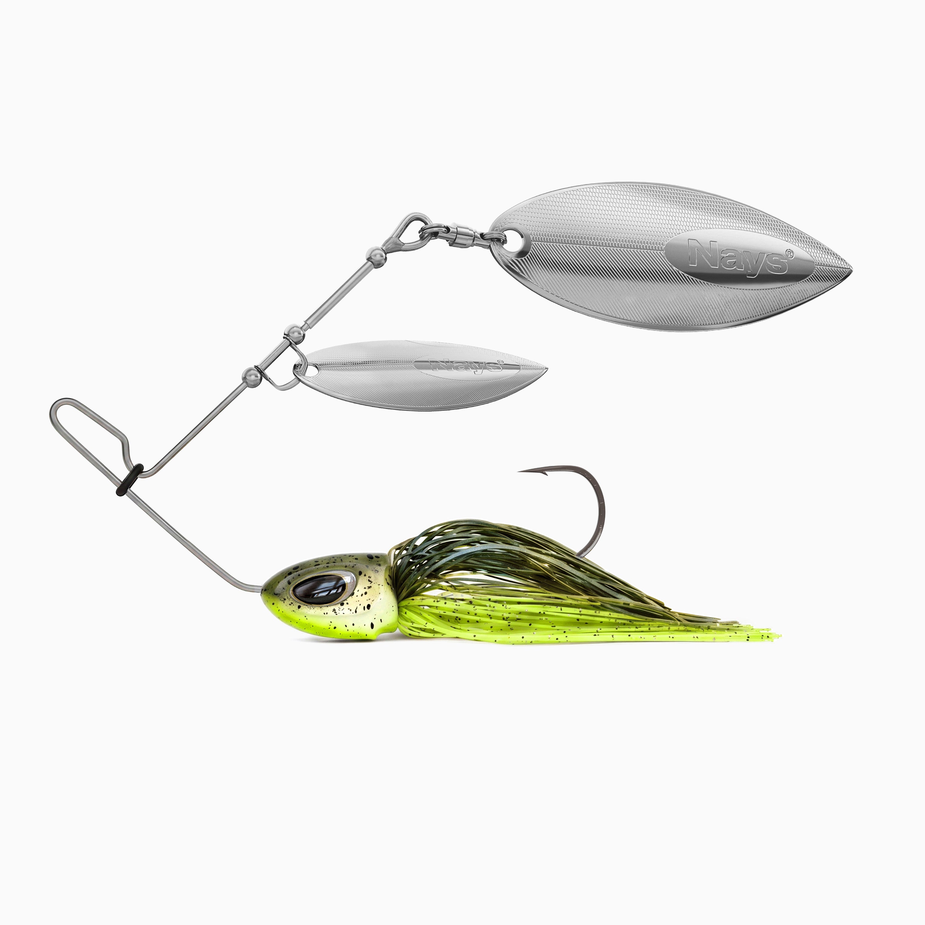 Nays Spinnerbait Angelköder Größe XL in Lime-Green-Olive (Farbcode H13) mit zweifachem, goldenem Spinnerblatt.