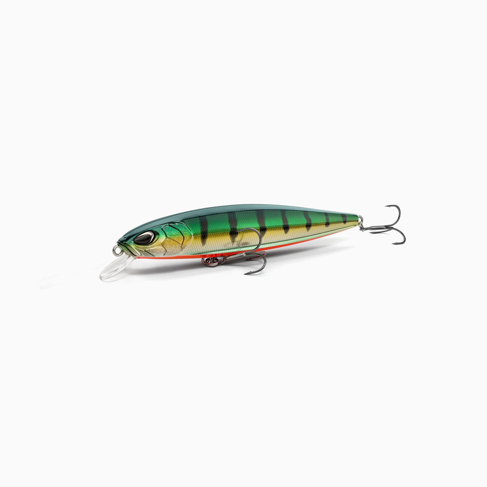 Hochwertiger Nays Wobbler Angelköder mit schlanker Fischform, realistischen 3D-Augen, greller Fire-Tiger Lackierung mit schwarzen Streifen und rotem Bauch, Schuppen-Struktur, ausgestattet mit kurzer Tauchschaufel und zwei scharfen Drillingshaken, flach-laufend für Hecht, Zander und Barsch.