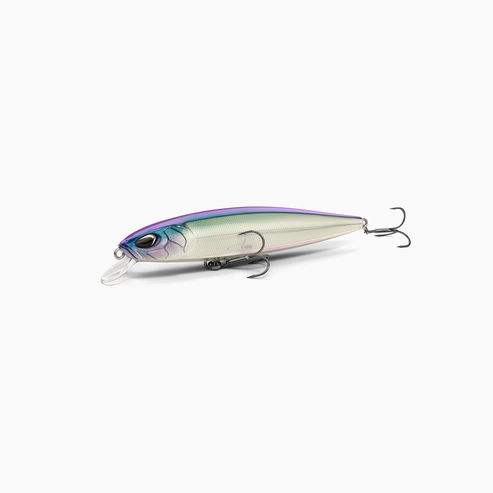 Hochwertiger Nays Wobbler Angelköder mit schlanker Fischform, realistischen 3D-Augen, Farbverlauf von Violett am Rücken über ein schimmerndes Blaugrün zu einem hellen Perlmutt an den Seiten und am Bauch, Schuppen-Struktur, ausgestattet mit kurzer Tauchschaufel und zwei scharfen Drillingshaken, flach-laufend für Hecht, Zander und Barsch.