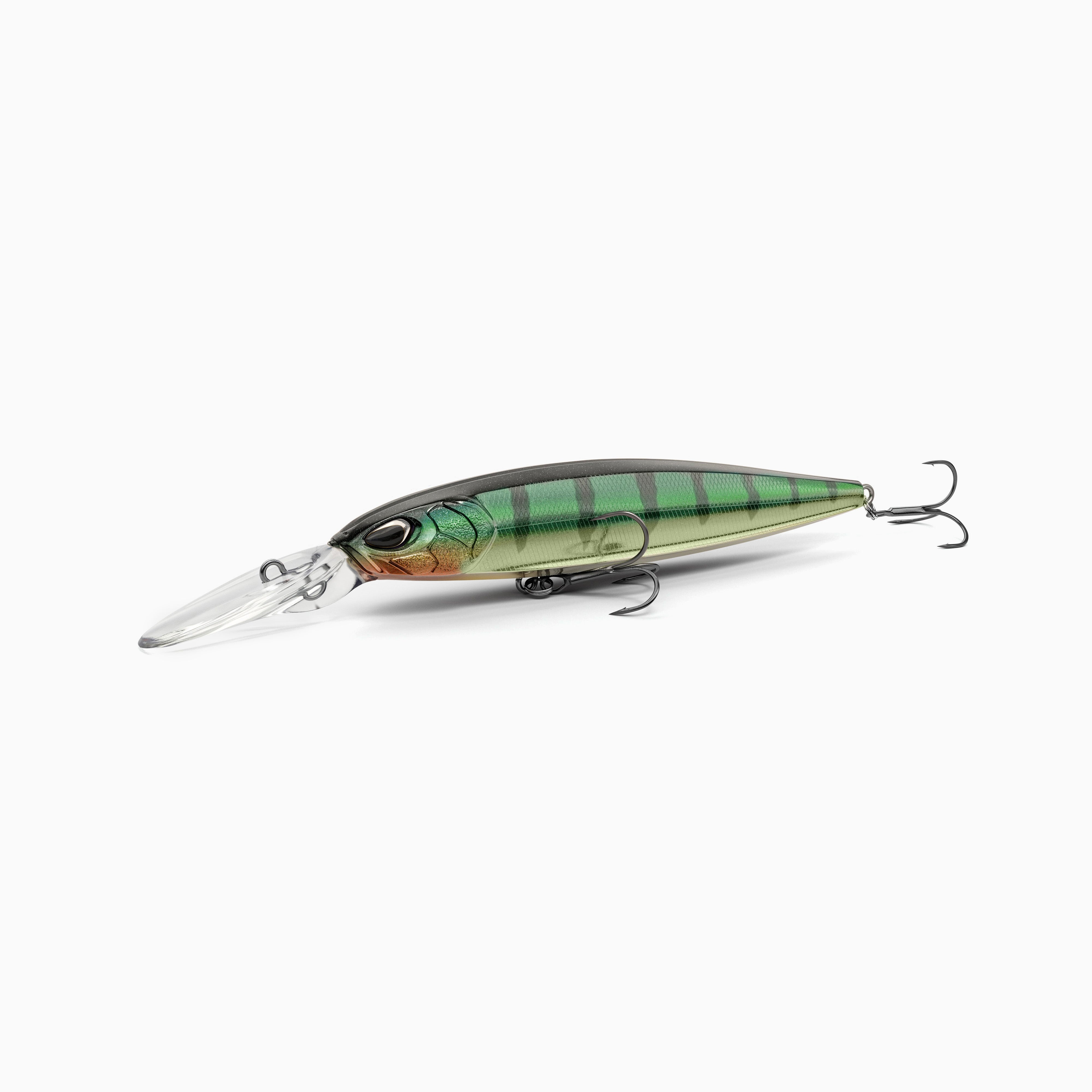 Hochwertiger Nays Wobbler Angelköder mit schlanker Fischform, realistischen 3D-Augen, natürliche Fire-Tiger Lackierung mit dezenten Streifen und  Schuppen-Struktur, ausgestattet mit mittel-langer Tauchschaufel und zwei scharfen Drillingshaken, mittel-tief-laufend für Hecht, Zander und Barsch.