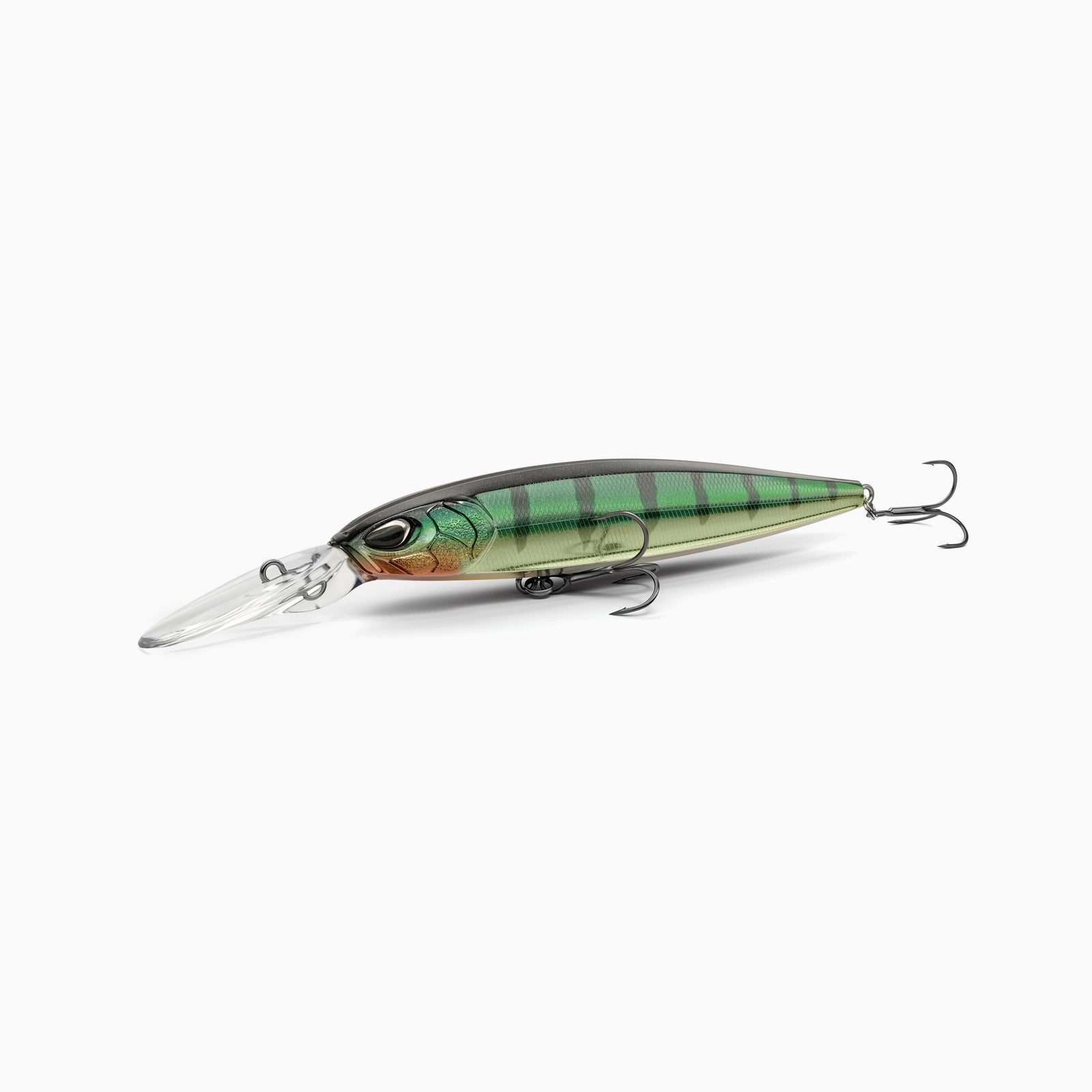 Hochwertiger Nays Wobbler Angelköder mit schlanker Fischform, realistischen 3D-Augen, natürliche Fire-Tiger Lackierung mit dezenten Streifen und  Schuppen-Struktur, ausgestattet mit mittel-langer Tauchschaufel und zwei scharfen Drillingshaken, mittel-tief-laufend für Hecht, Zander und Barsch.