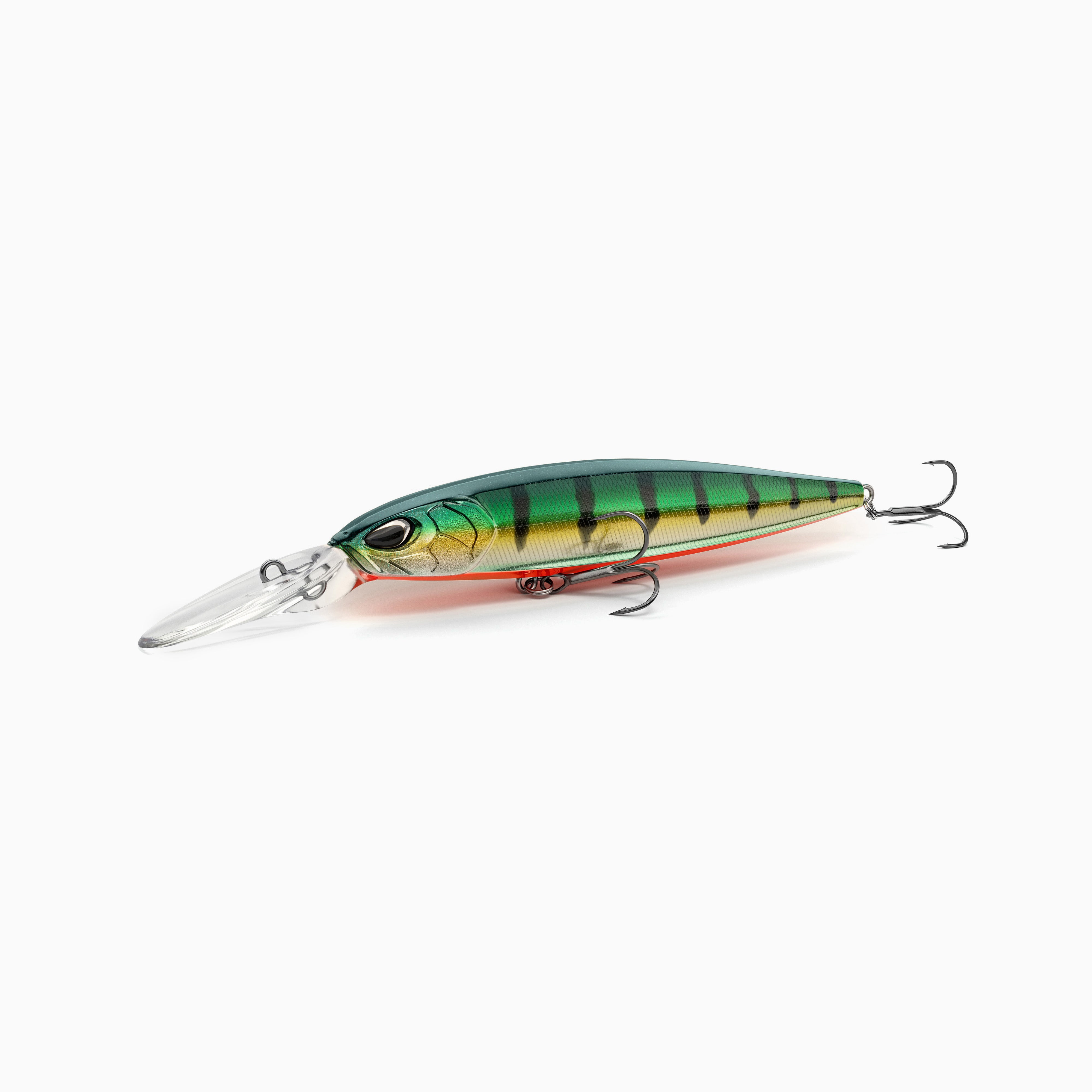 Hochwertiger Nays Wobbler Angelköder mit schlanker Fischform, realistischen 3D-Augen, greller Fire-Tiger Lackierung mit schwarzen Streifen und rotem Bauch, Schuppen-Struktur, ausgestattet mit mittel-langer Tauchschaufel und zwei scharfen Drillingshaken, mittel-tief-laufend für Hecht, Zander und Barsch.