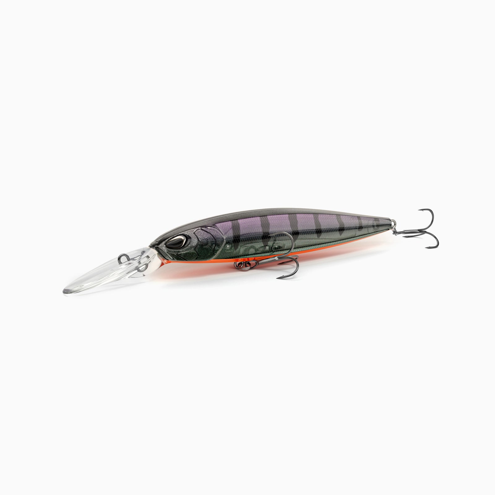 Hochwertiger Nays Wobbler Angelköder mit schlanker Fischform, realistischen 3D-Augen, semi-transparente Lackierung im dezenten violett-schwarz Tönen und orange-rotem Bauch, Schuppen-Struktur, ausgestattet mit mittel-langer Tauchschaufel und zwei scharfen Drillingshaken, mittel-tief-laufend für Hecht, Zander und Barsch.