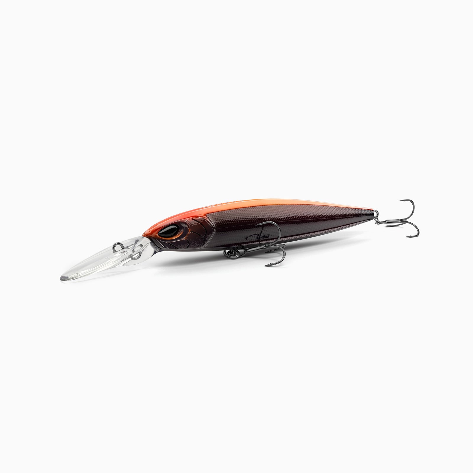 Hochwertiger Nays Wobbler Angelköder mit schlanker Fischform, realistischen 3D-Augen, Farbverlauf von leuchtendem Orange am Rücken zu einem tiefen, glänzenden braun-schwarz am hinteren Rücken,den Seiten und dem Bauch, Schuppen-Struktur, ausgestattet mit mittel-langer Tauchschaufel und zwei scharfen Drillingshaken, mittel-tief-laufend für Hecht, Zander und Barsch.