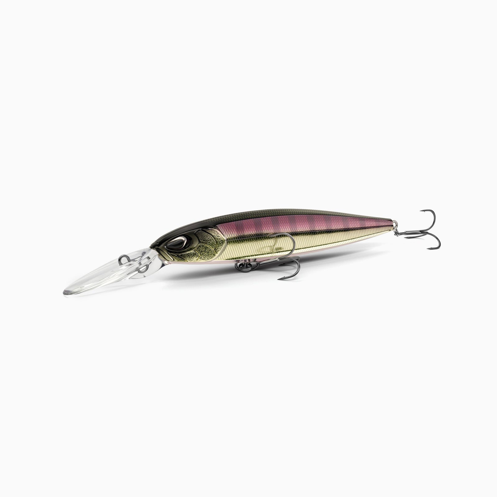 Hochwertiger Nays Wobbler Angelköder mit schlanker Fischform, realistischen 3D-Augen, Farbverlauf von dunklen gold-braun am Rücken mit einem schimmernden rot-violett darüber und dezenten Streifen, gold-gelbe Seiten und ein goldener Bauch, Schuppen-Struktur, ausgestattet mit mittel-langer Tauchschaufel und zwei scharfen Drillingshaken, mittel-tief-laufend für Hecht, Zander und Barsch.