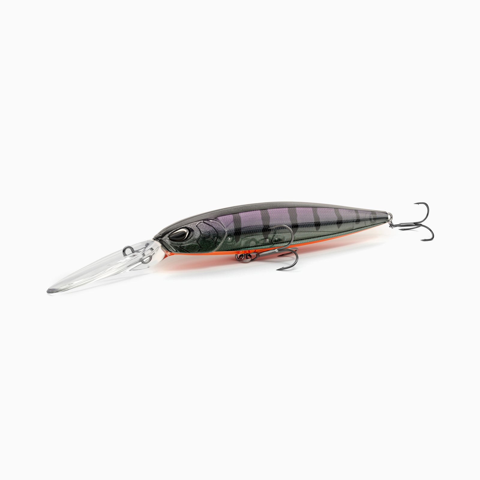 Hochwertiger Nays Wobbler Angelköder mit schlanker Fischform, realistischen 3D-Augen, semi-transparente Lackierung im dezenten violett-schwarz Tönen und orange-rotem Bauch, Schuppen-Struktur, ausgestattet mit langer Tauchschaufel und zwei scharfen Drillingshaken, tief-laufend für Hecht, Zander und Barsch.