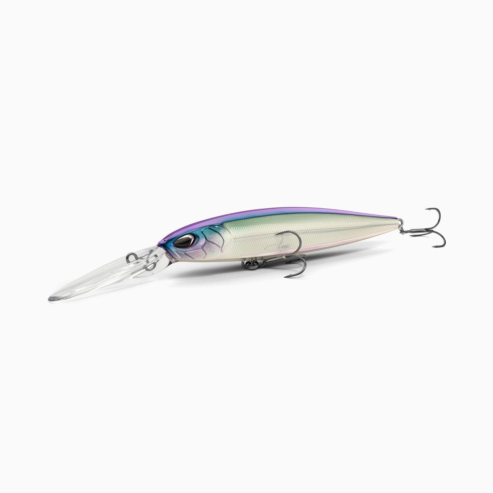 Hochwertiger Nays Wobbler Angelköder mit schlanker Fischform, realistischen 3D-Augen, Farbverlauf von Violett am Rücken über ein schimmerndes Blaugrün zu einem hellen Perlmutt an den Seiten und am Bauch, Schuppen-Struktur, ausgestattet mit langer Tauchschaufel und zwei scharfen Drillingshaken, tief-laufend für Hecht, Zander und Barsch.