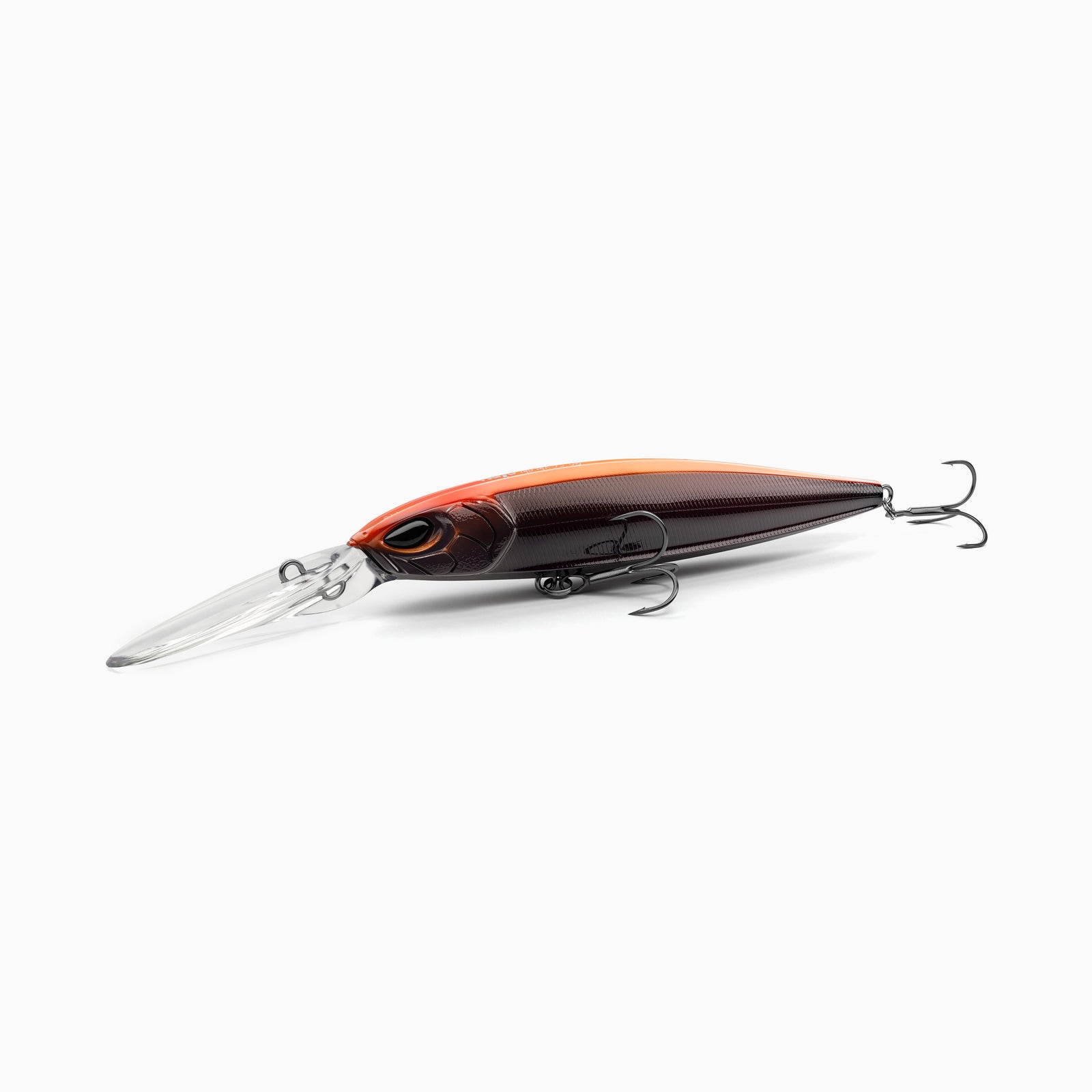 Hochwertiger Nays Wobbler Angelköder mit schlanker Fischform, realistischen 3D-Augen, Farbverlauf von leuchtendem Orange am Rücken zu einem tiefen, glänzenden braun-schwarz am hinteren Rücken,den Seiten und dem Bauch, Schuppen-Struktur, ausgestattet mit langer Tauchschaufel und zwei scharfen Drillingshaken, tief-laufend für Hecht, Zander und Barsch.