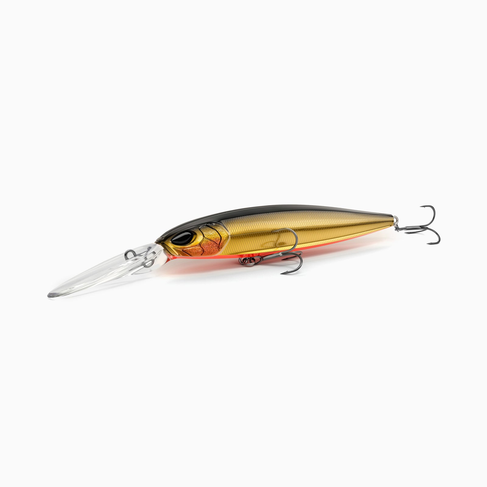 Hochwertiger Nays Wobbler Angelköder mit schlanker Fischform, realistischen 3D-Augen, Farbverlauf vom schwarzen Rücken, der zu einem satten Gold an den Seiten übergeht, mit einem leuchtend orange-farbenen Bauchstreifen, Schuppen-Struktur, ausgestattet mit langer Tauchschaufel und zwei scharfen Drillingshaken, tief-laufend für Hecht, Zander und Barsch.
