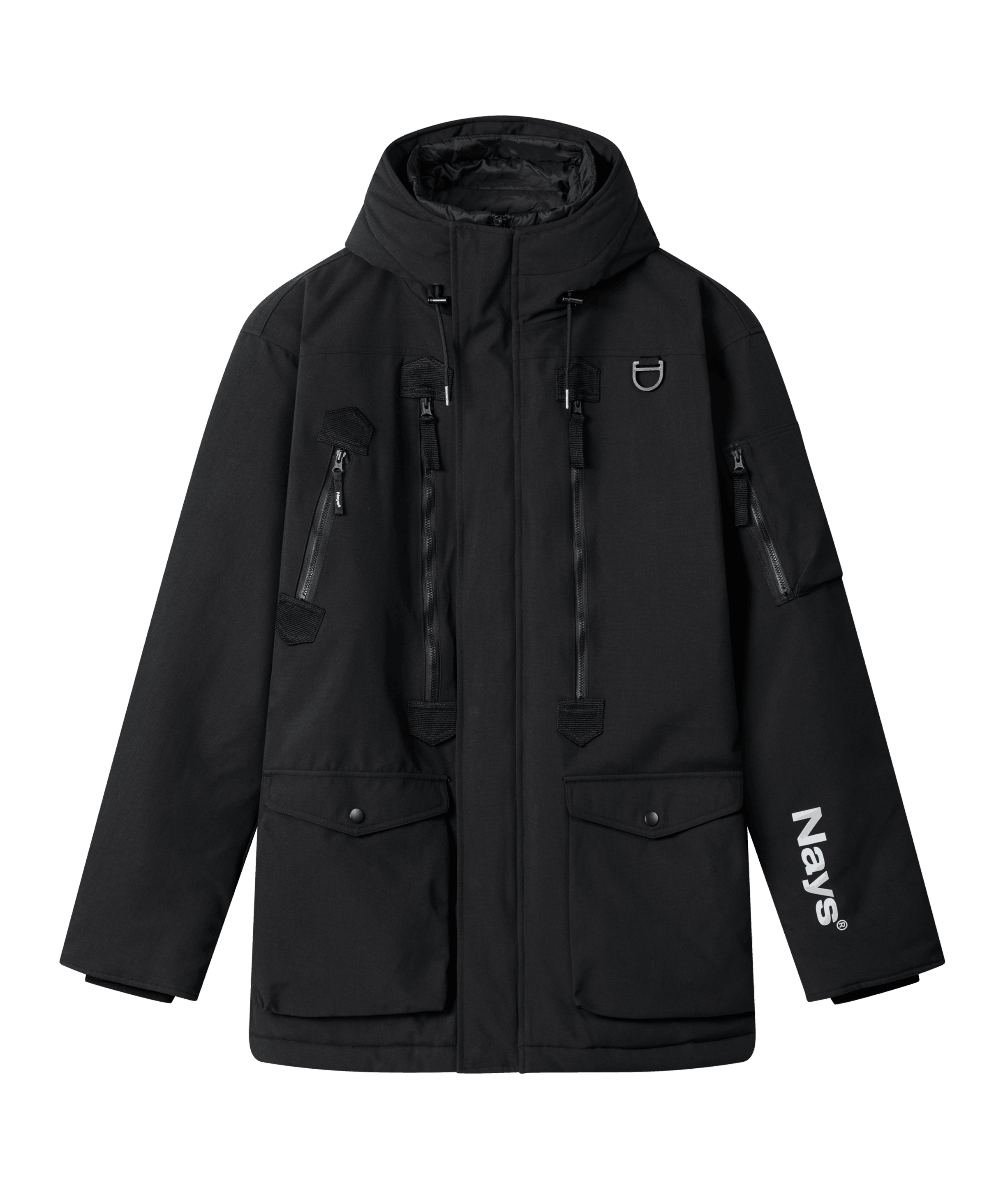 Schwarze Parka Jacke von Nays, von vorne abgebildet, mit Kapuze, mehreren Reißverschluss- und Taschen. Nays-Logo in Weiß auf dem linken Ärmel.