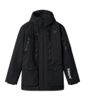 Schwarze Parka Jacke von Nays, von vorne abgebildet, mit Kapuze, mehreren Reißverschluss- und Taschen. Nays-Logo in Weiß auf dem linken Ärmel.