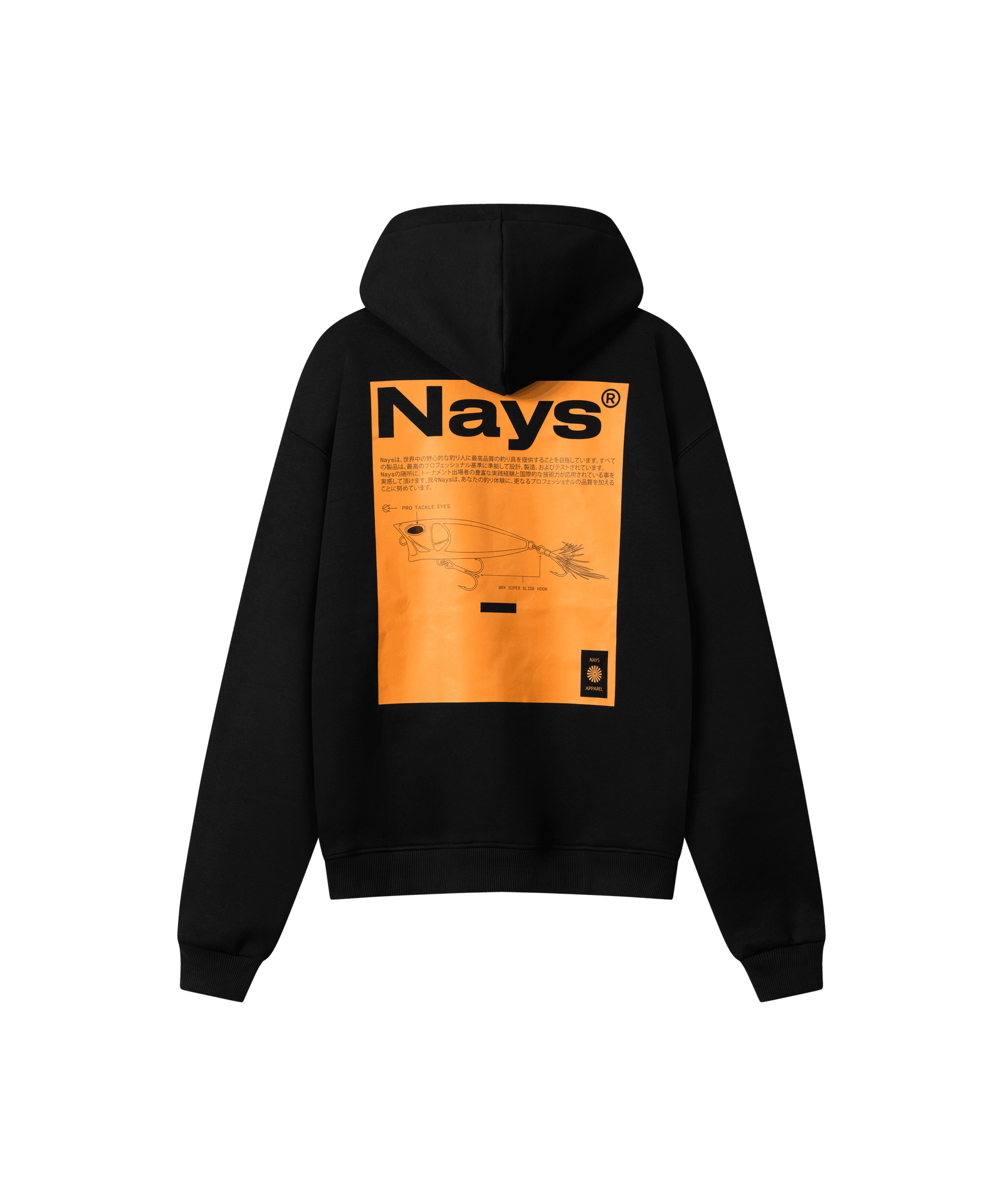 Ein schwarzer Kapuzenpullover mit großem Rückenprint in Orange. Der Print zeigt den deutlich erkennbaren „NAYS“-Schriftzug sowie die grafische Silhouette des Oberflächenköders „TOP GUN“.