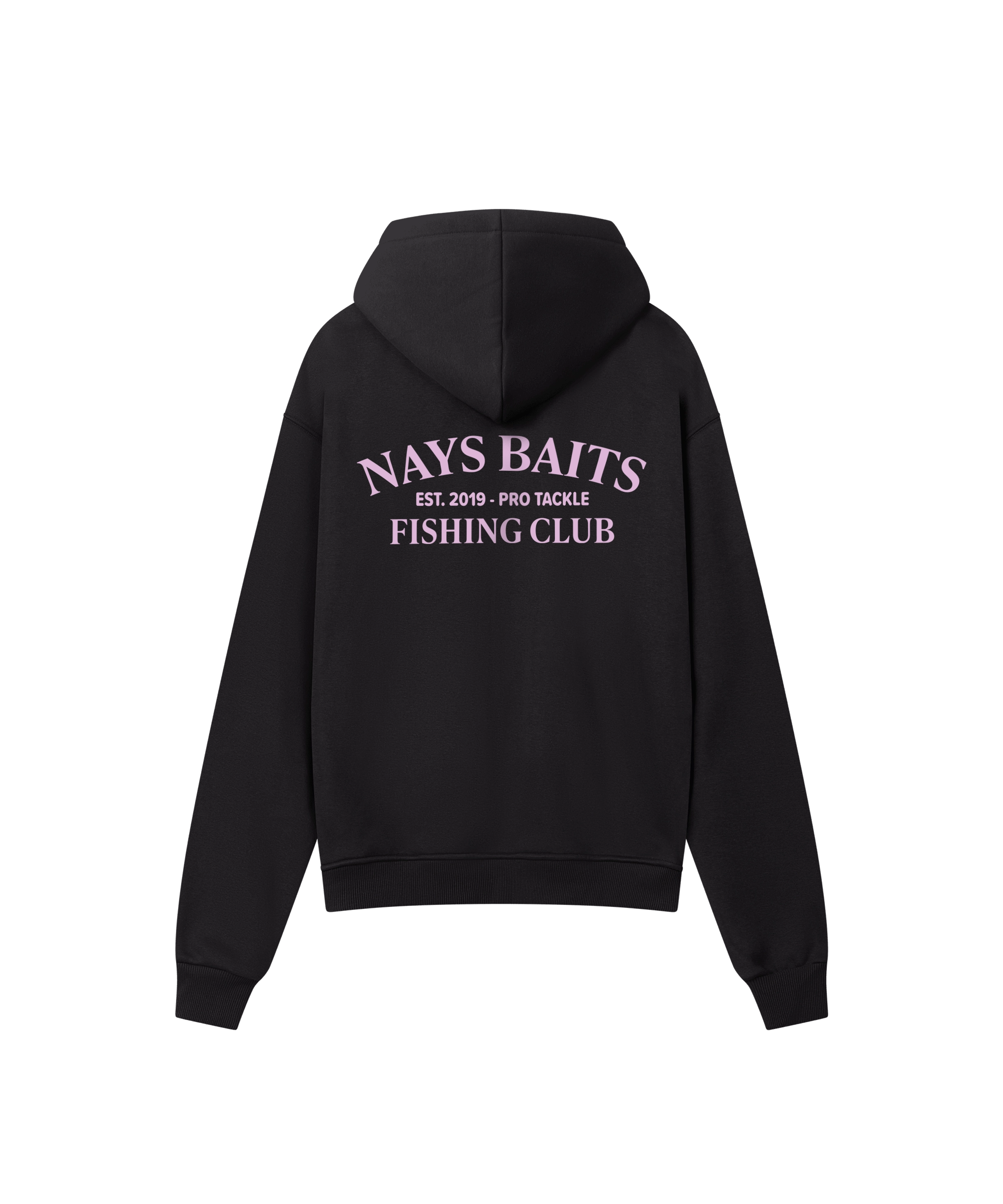 Nays Baits Fishing Club Hoodie in Schwarz – Detailansicht der Rückseite mit rosa Logo-Print.