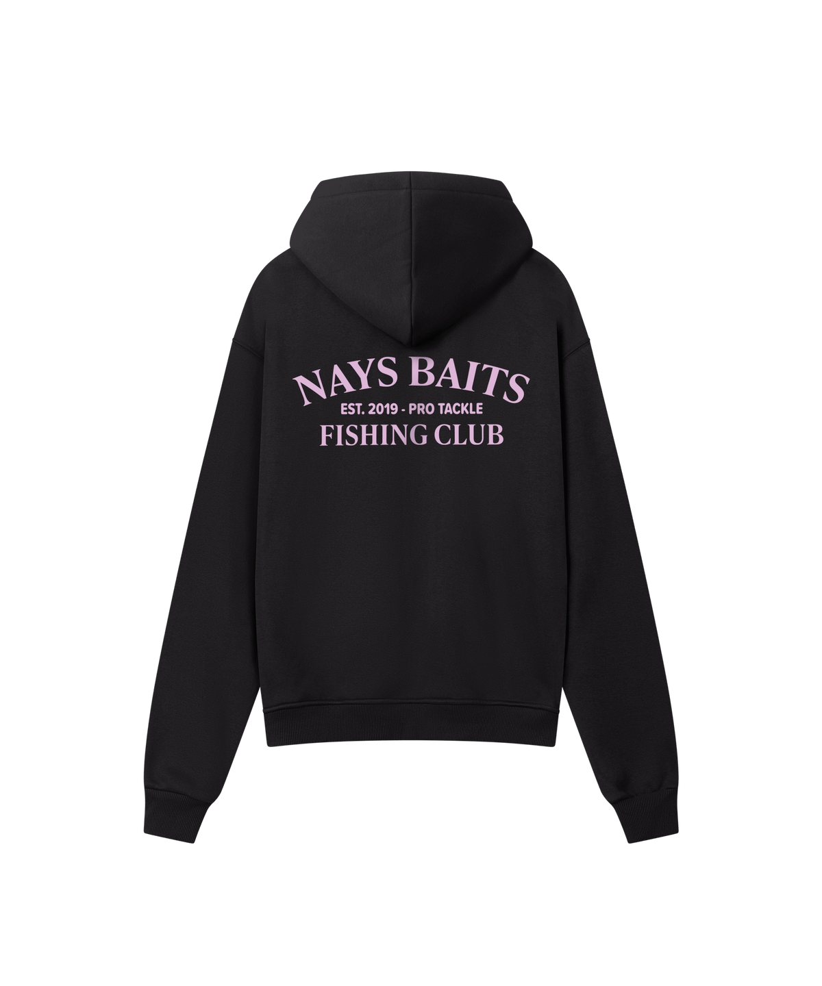 Nays Baits Fishing Club Hoodie in Schwarz – Detailansicht der Rückseite mit rosa Logo-Print.