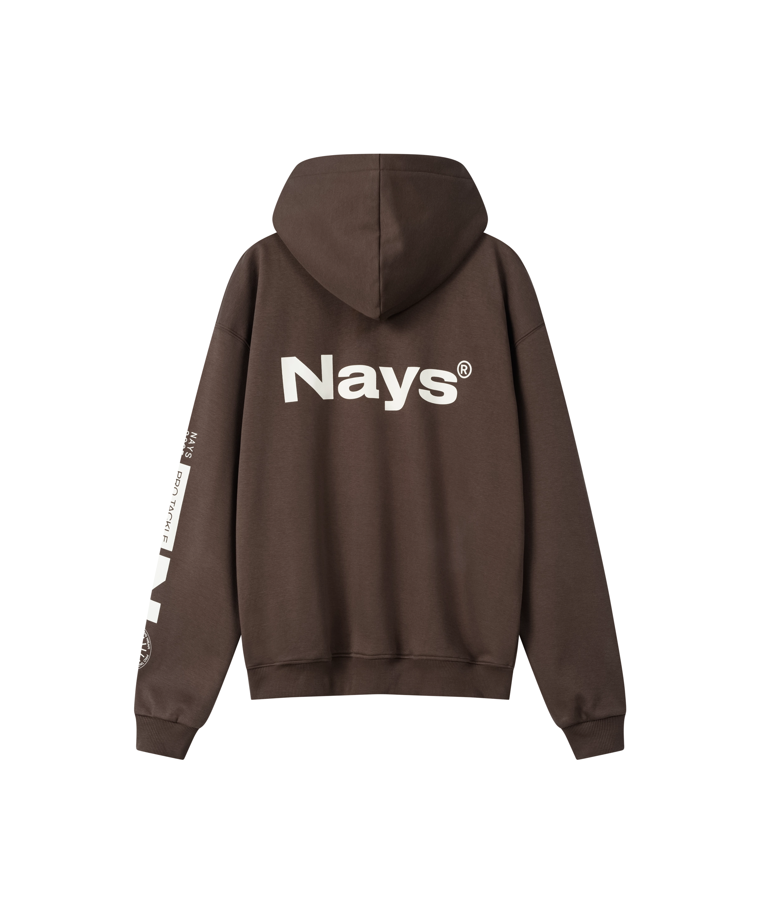 Rückseite des Nays Quote Hoodie mit weißen Grafiken auf Ärmel und Brust. Hoodie locker geschnitten, ideal für Alltag und Layering, aus Baumwoll-Polyester-Mix.