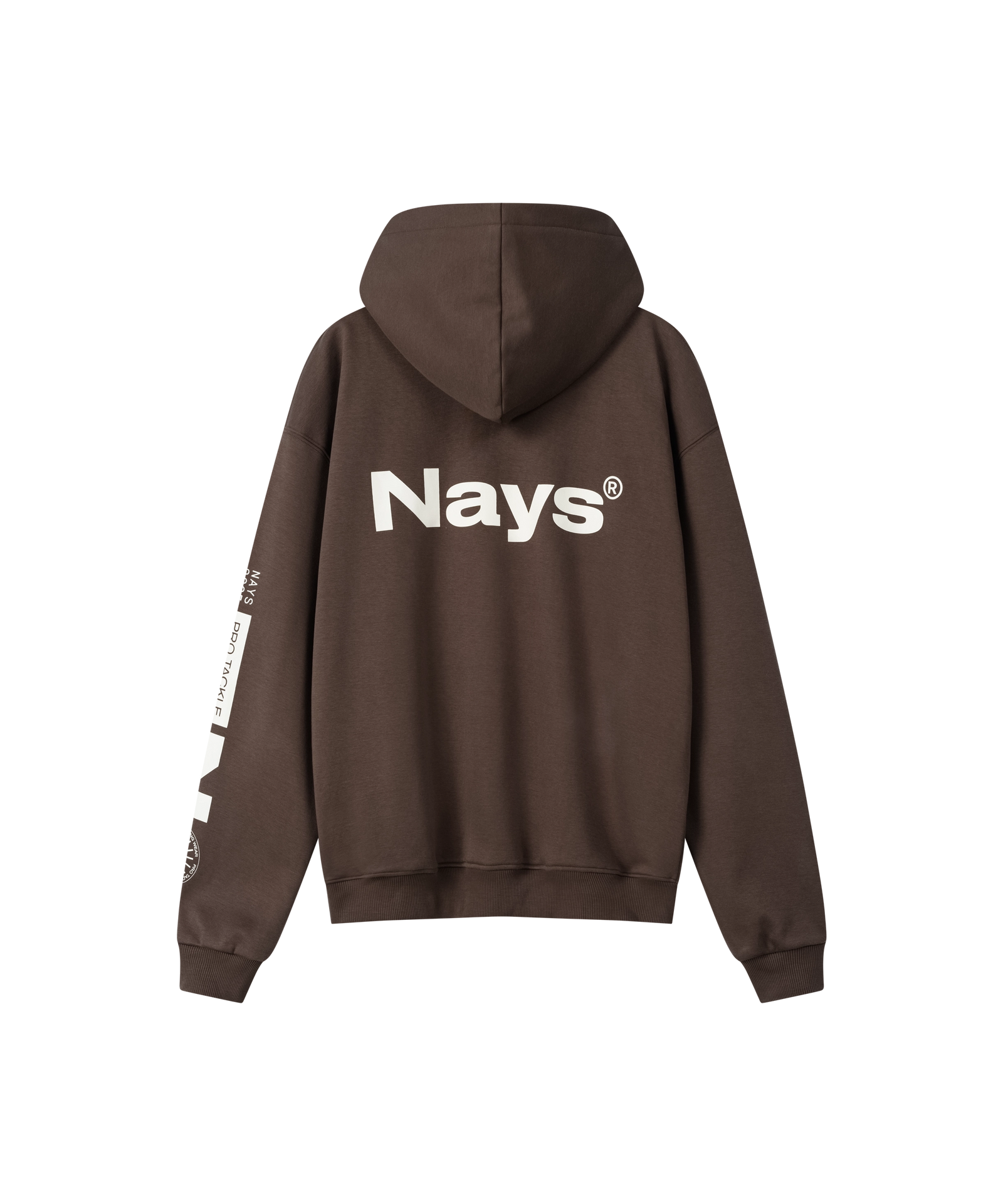 Rückseite des Nays Quote Hoodie mit weißen Grafiken auf Ärmel und Brust. Hoodie locker geschnitten, ideal für Alltag und Layering, aus Baumwoll-Polyester-Mix.
