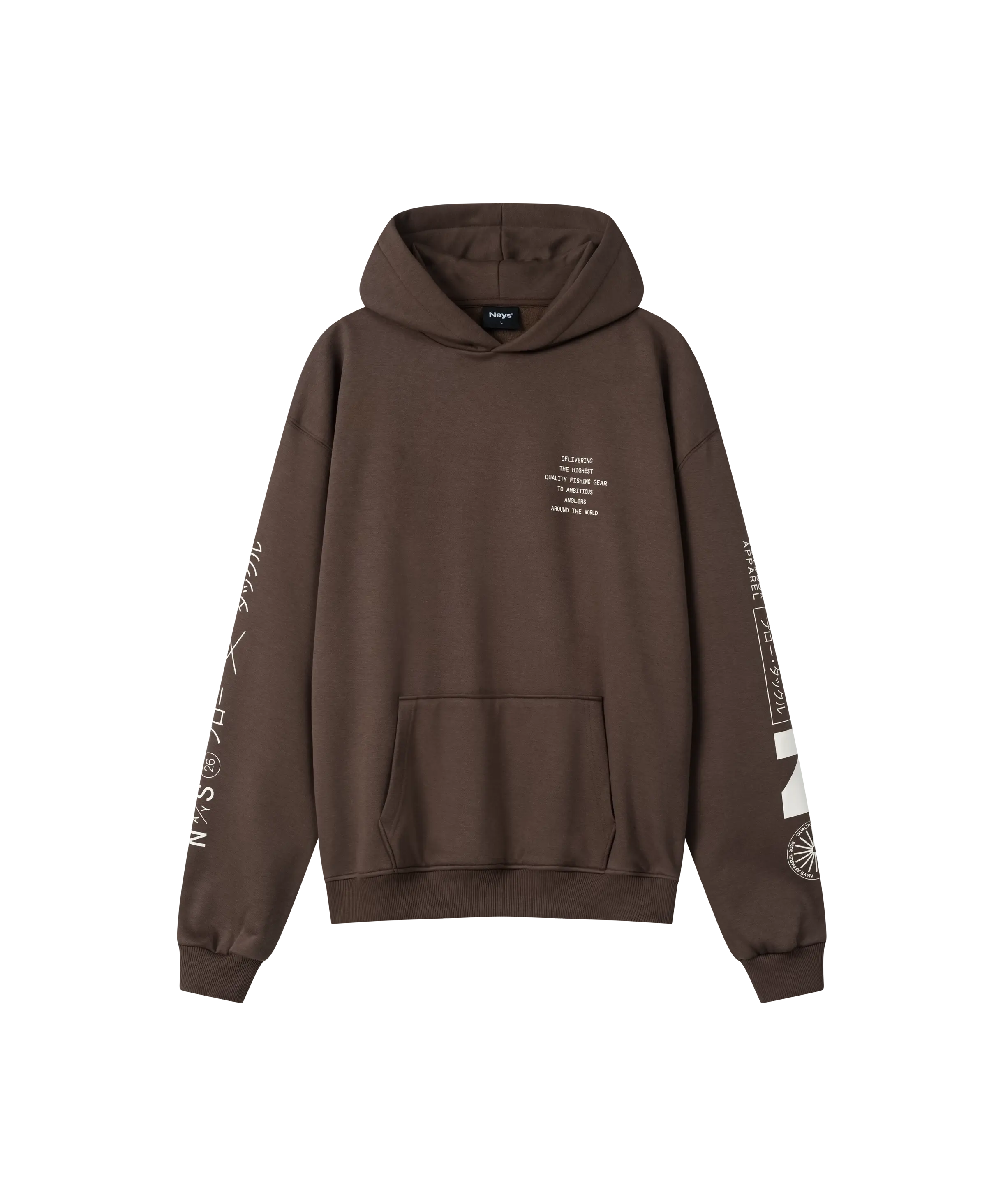 Vorderseite des Nays Quote Hoodie mit weißen Grafiken auf Ärmel und Brust. Hoodie locker geschnitten, ideal für Alltag und Layering, aus Baumwoll-Polyester-Mix.