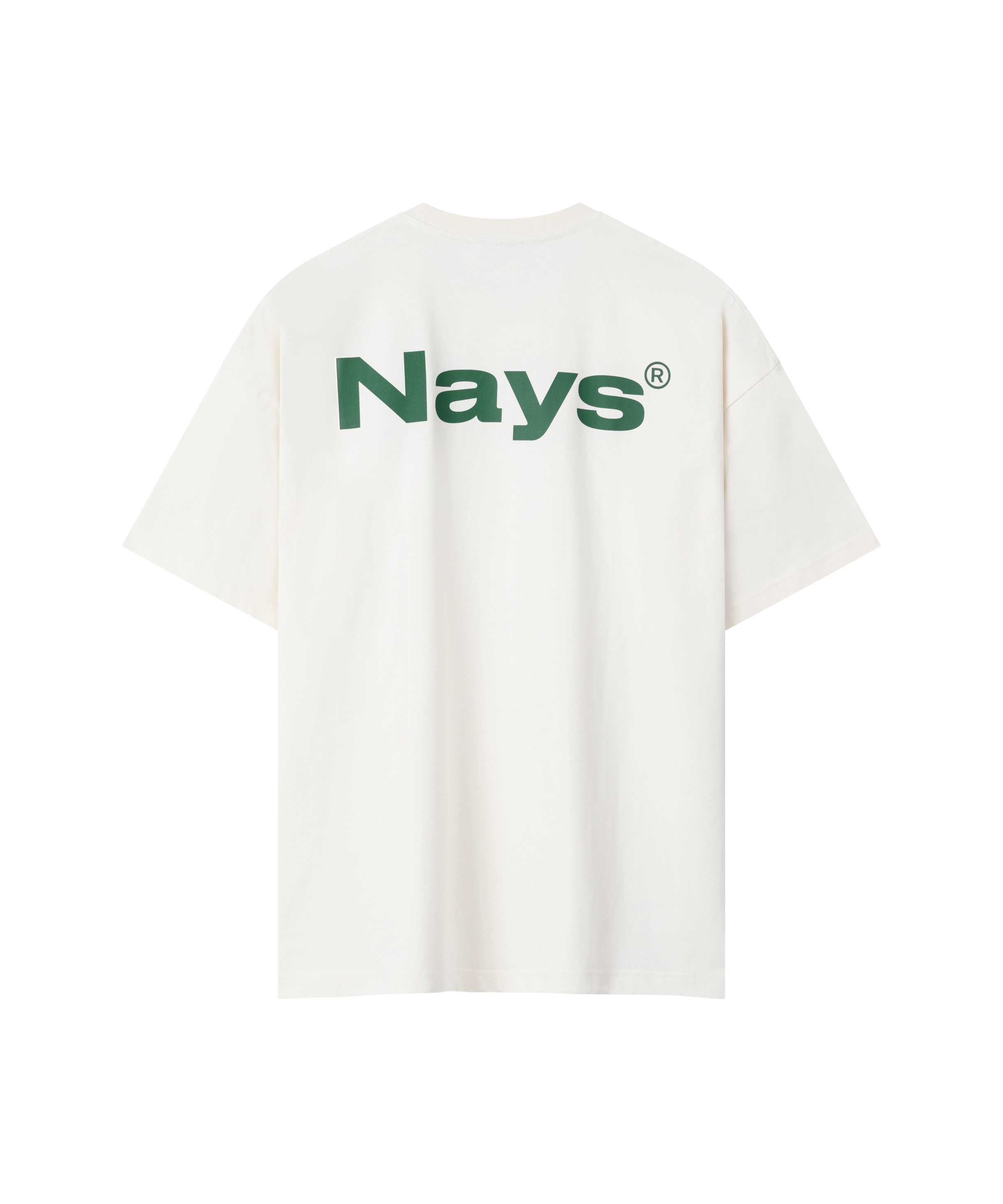 Rückansicht des Nays Quote Tee in Off White mit dunkelgrünem Logo-Print und lockerem Schnitt.