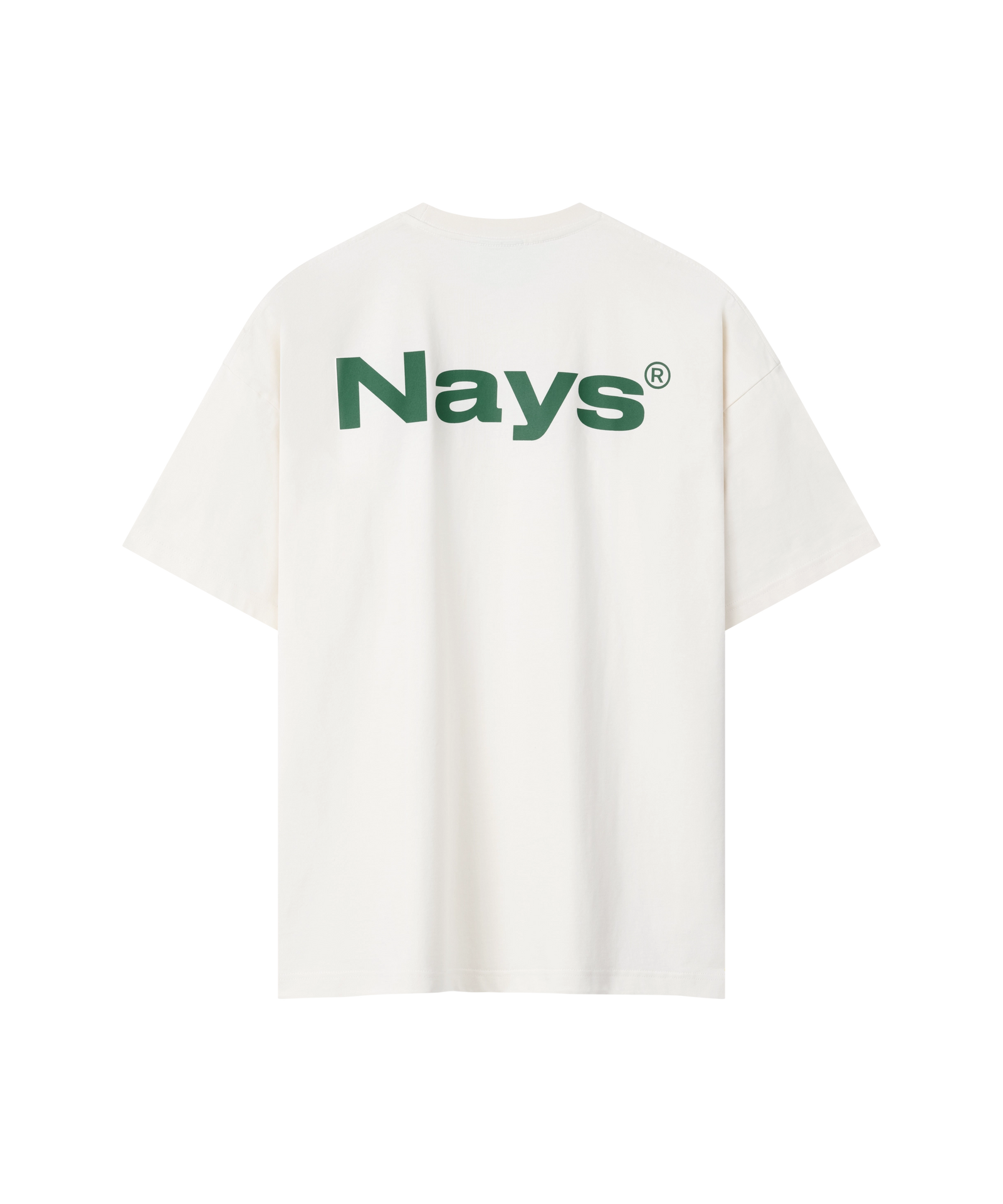 Rückansicht des Nays Quote Tee in Off White mit dunkelgrünem Logo-Print und lockerem Schnitt.