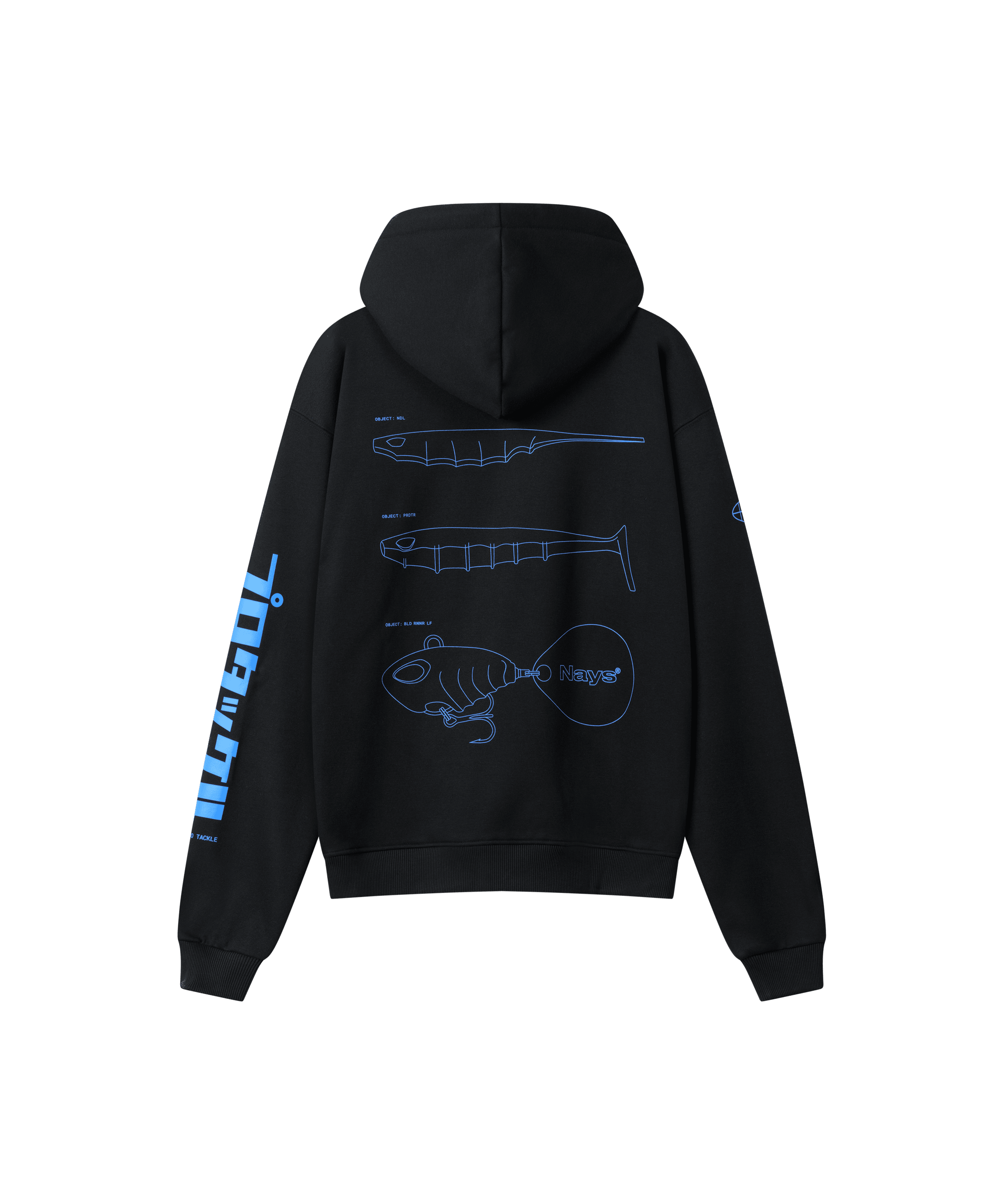 Rückanischt des Range Hoodies in schwarz, er ist locker geschnitten und hat einen großen blauen Rücken-Print. Der Print zeige drei bekannte Nays-Köder-Silhouetten.