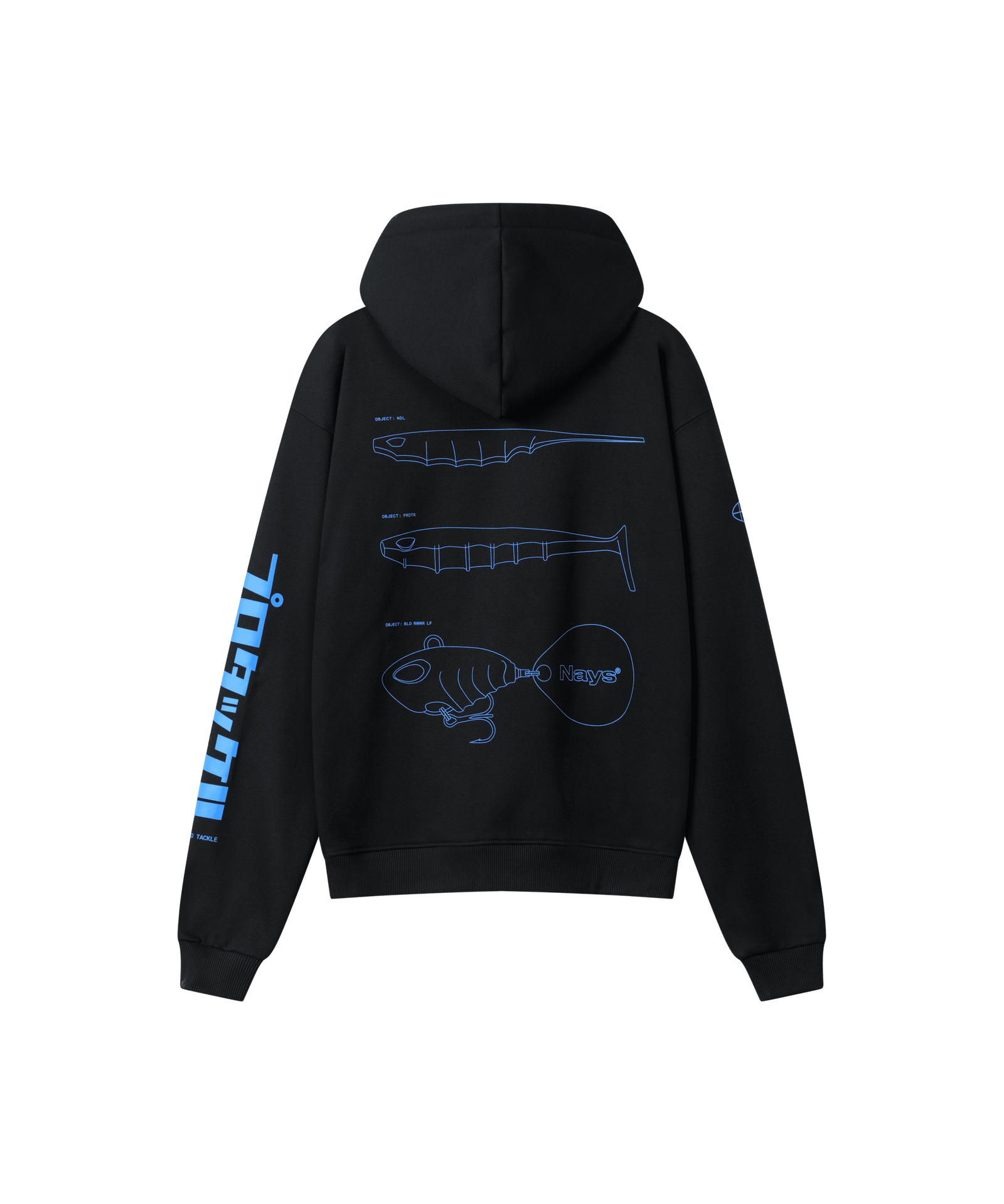 Rückanischt des Range Hoodies in schwarz, er ist locker geschnitten und hat einen großen blauen Rücken-Print. Der Print zeige drei bekannte Nays-Köder-Silhouetten.
