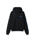 Vorderansicht des Range Hoodies in schwarz, er ist locker geschnitten mit einer Bauchtasche und hat ein blaues Nays Logo auf der Brust und auf dem Ärmel.