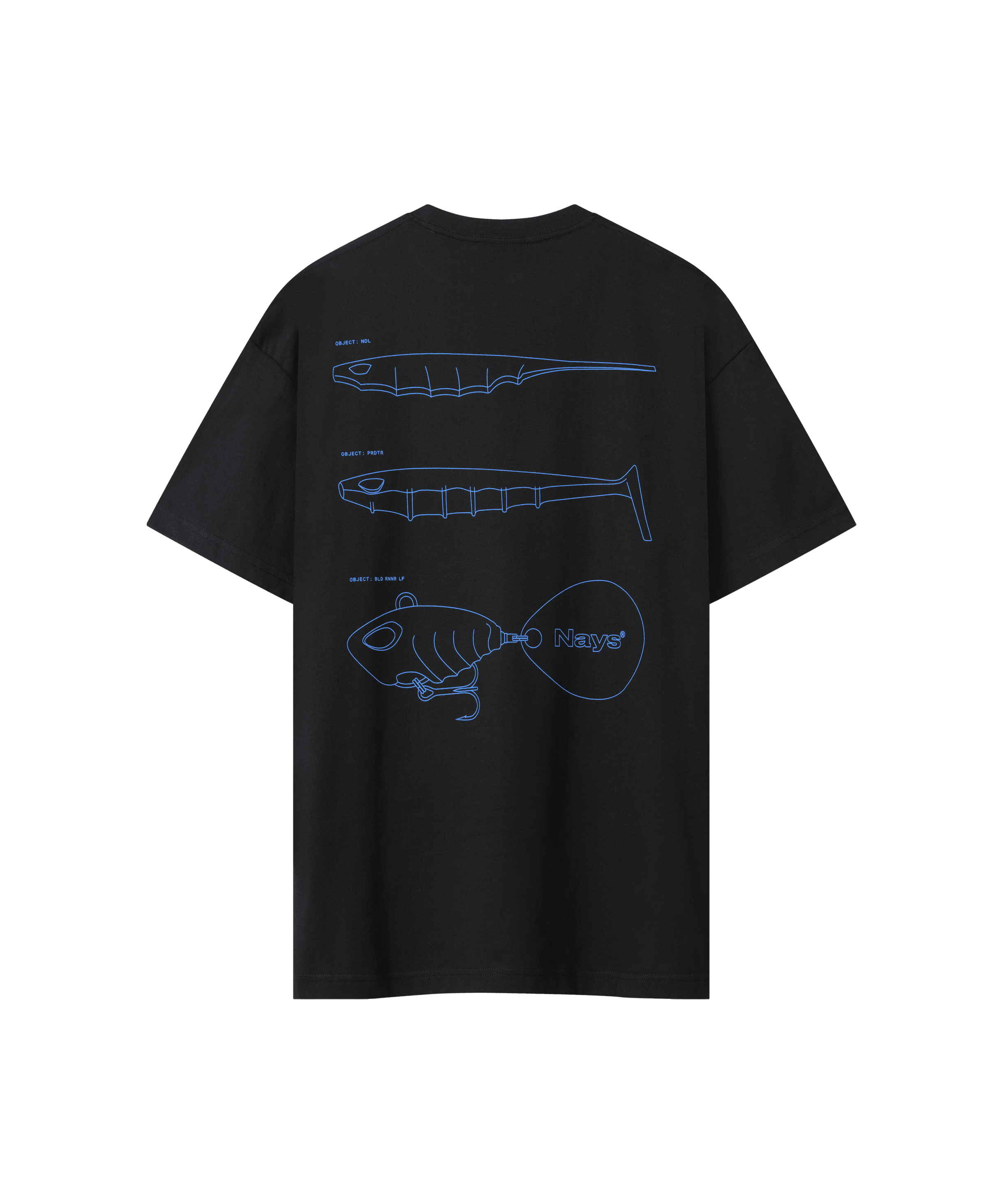Rückanischt des Range T-Shirts in schwarz, es ist locker geschnitten und hat einen großen blauem Rücken-Print. Der Print zeige drei bekannte Nays-Köder-Silhouetten.