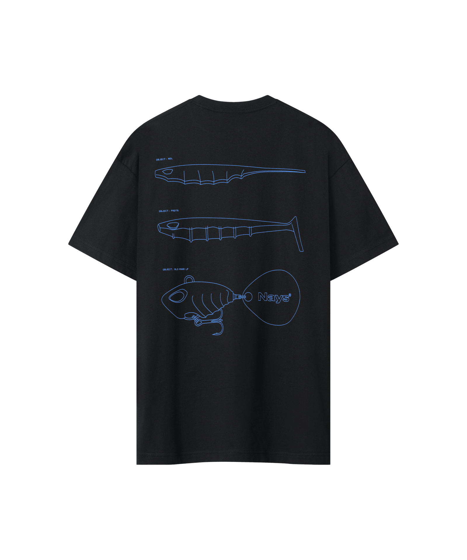 Rückanischt des Range T-Shirts in schwarz, es ist locker geschnitten und hat einen großen blauem Rücken-Print. Der Print zeige drei bekannte Nays-Köder-Silhouetten.
