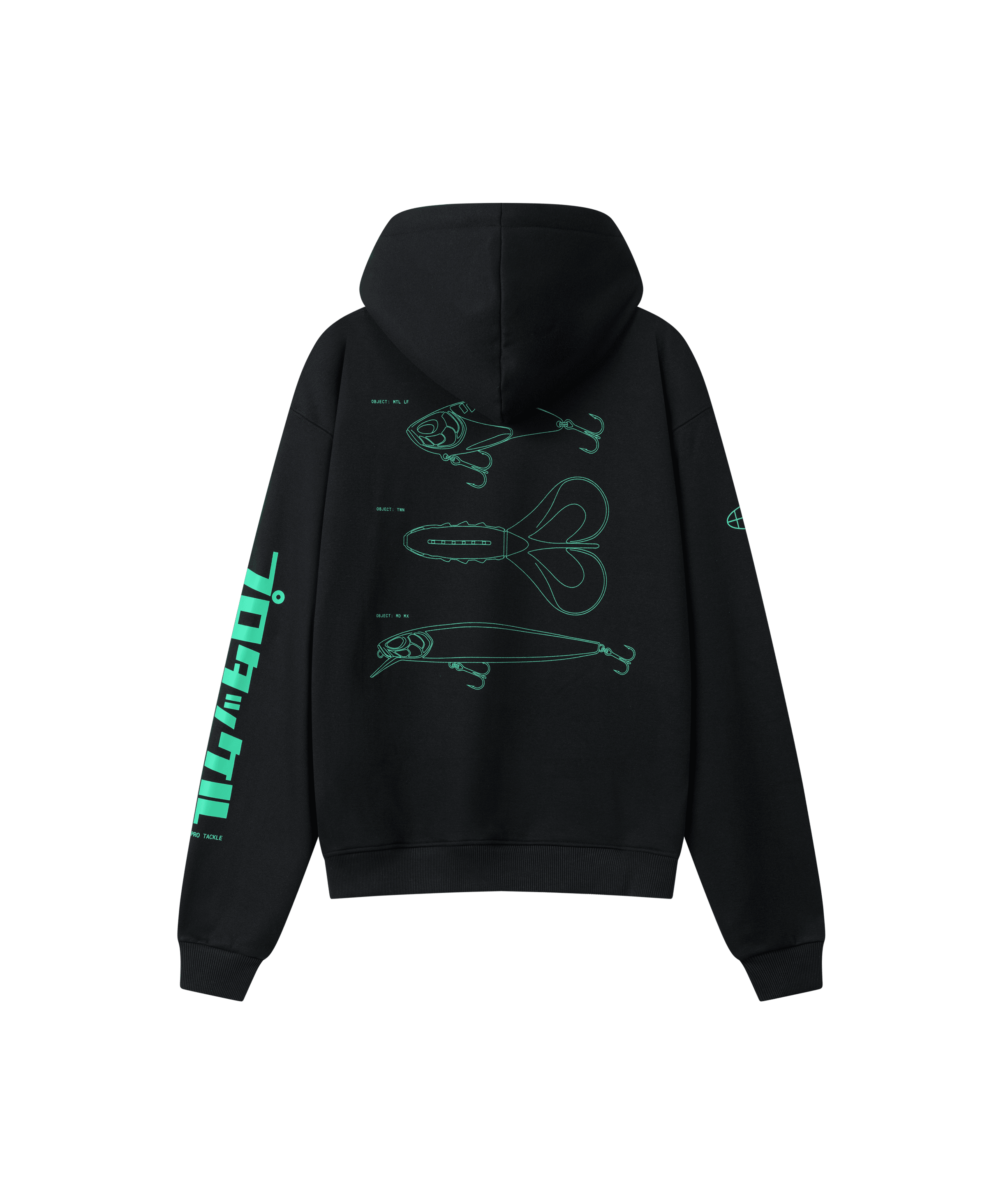 Rückanischt des Range 2.0 Hoodies in schwarz, er ist locker geschnitten und hat einen großen grünen Rücken-Print. Der Print zeige drei neue Nays-Köder-Silhouetten.