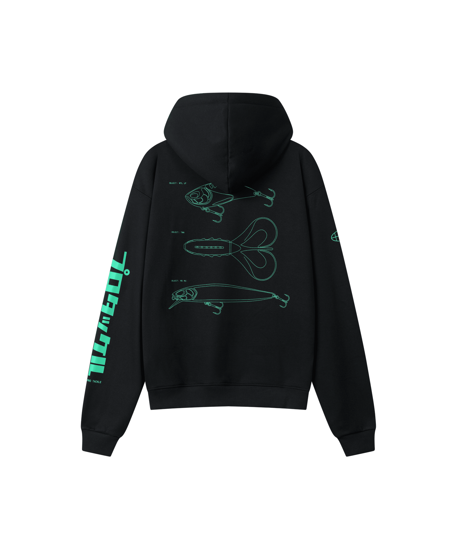 Rückanischt des Range 2.0 Hoodies in schwarz, er ist locker geschnitten und hat einen großen grünen Rücken-Print. Der Print zeige drei neue Nays-Köder-Silhouetten.