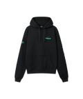 Vorderansicht des Range 2.0 Hoodies in schwarz, er ist locker geschnitten mit einer Bauchtasche und hat ein grünes Nays Logo auf der Brust und auf dem Ärmel.