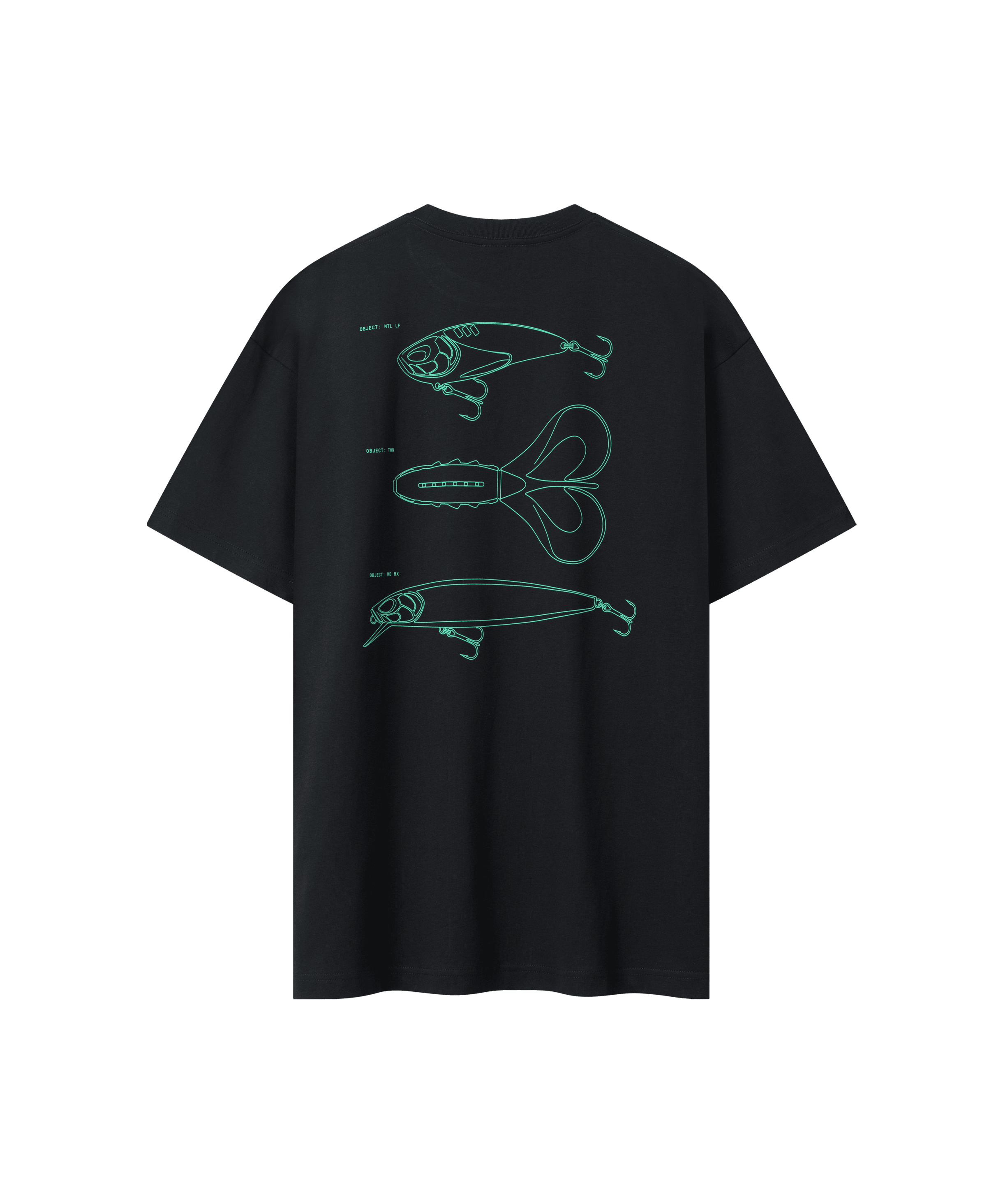 Rückanischt des Range 2.0 T-Shirts in schwarz, es ist locker geschnitten und hat einen großen grünen Rücken-Print. Der Print zeige drei neue Nays-Köder-Silhouetten.