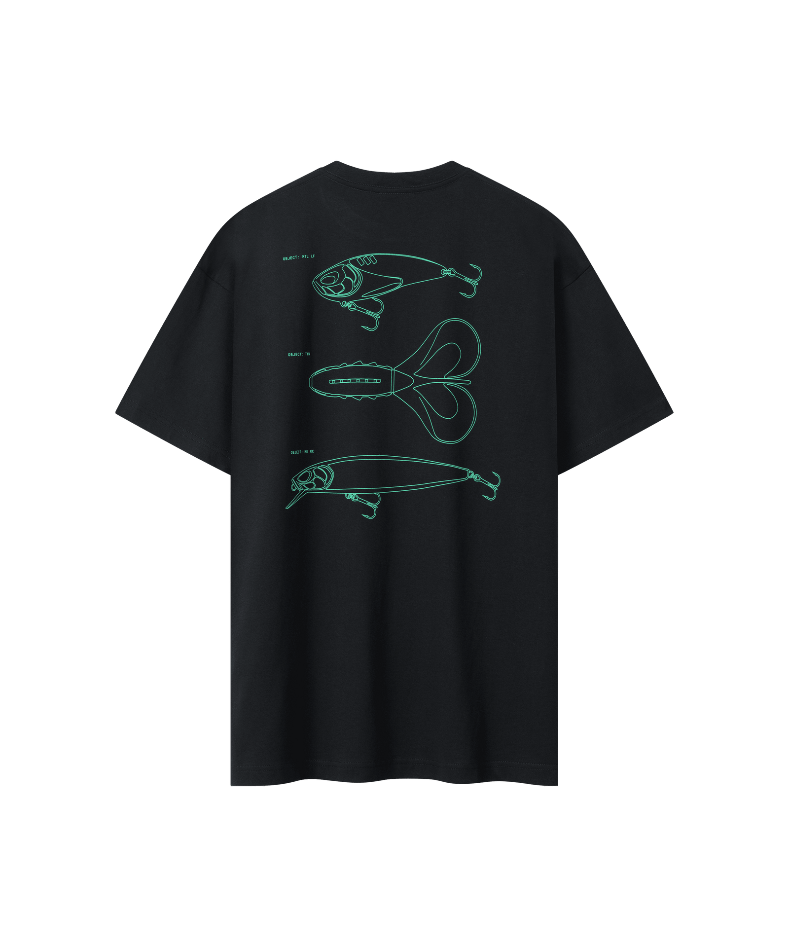 Rückanischt des Range 2.0 T-Shirts in schwarz, es ist locker geschnitten und hat einen großen grünen Rücken-Print. Der Print zeige drei neue Nays-Köder-Silhouetten.