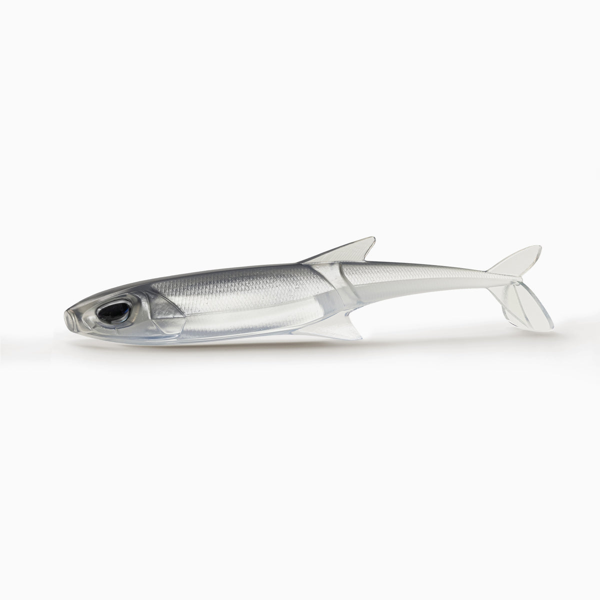Bild eines realistischen Angel Gummi Köders mit schwarzen Augen für Barsch, Zander und Hecht in semi-transparent silber-grau.