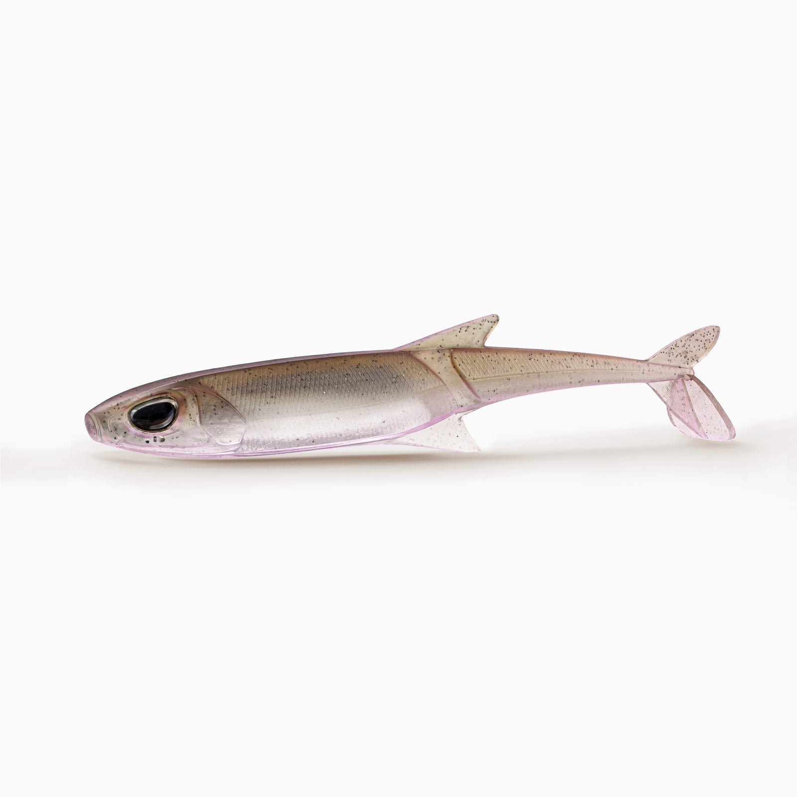 Bild eines realistischen Angel Gummi Köders mit schwarzen Augen für Barsch, Zander und Hecht in semi-transparent rose-braun.