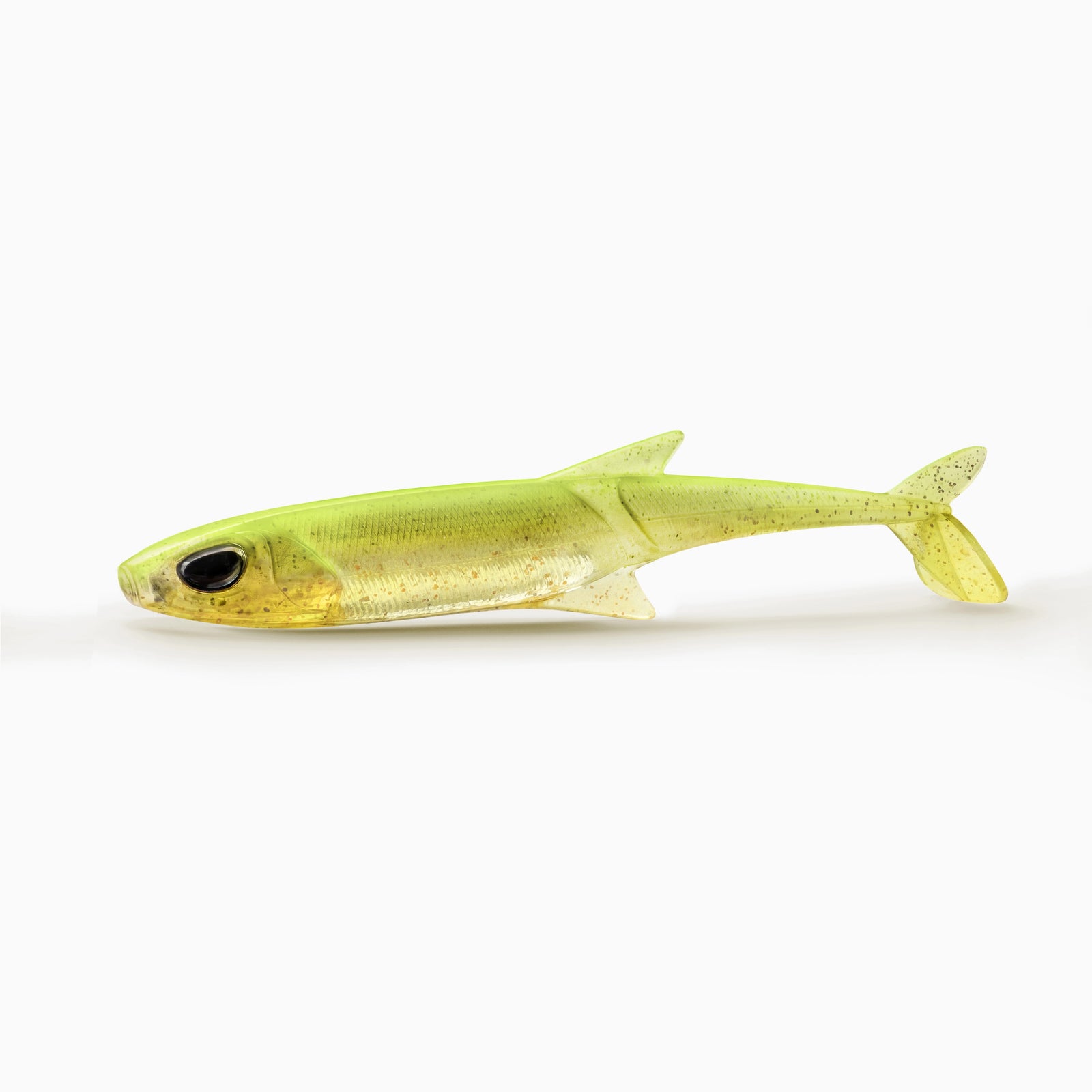 Bild eines realistischen Angel Gummi Köders mit schwarzen Augen für Barsch, Zander und Hecht in einem grellem grün-gelb.