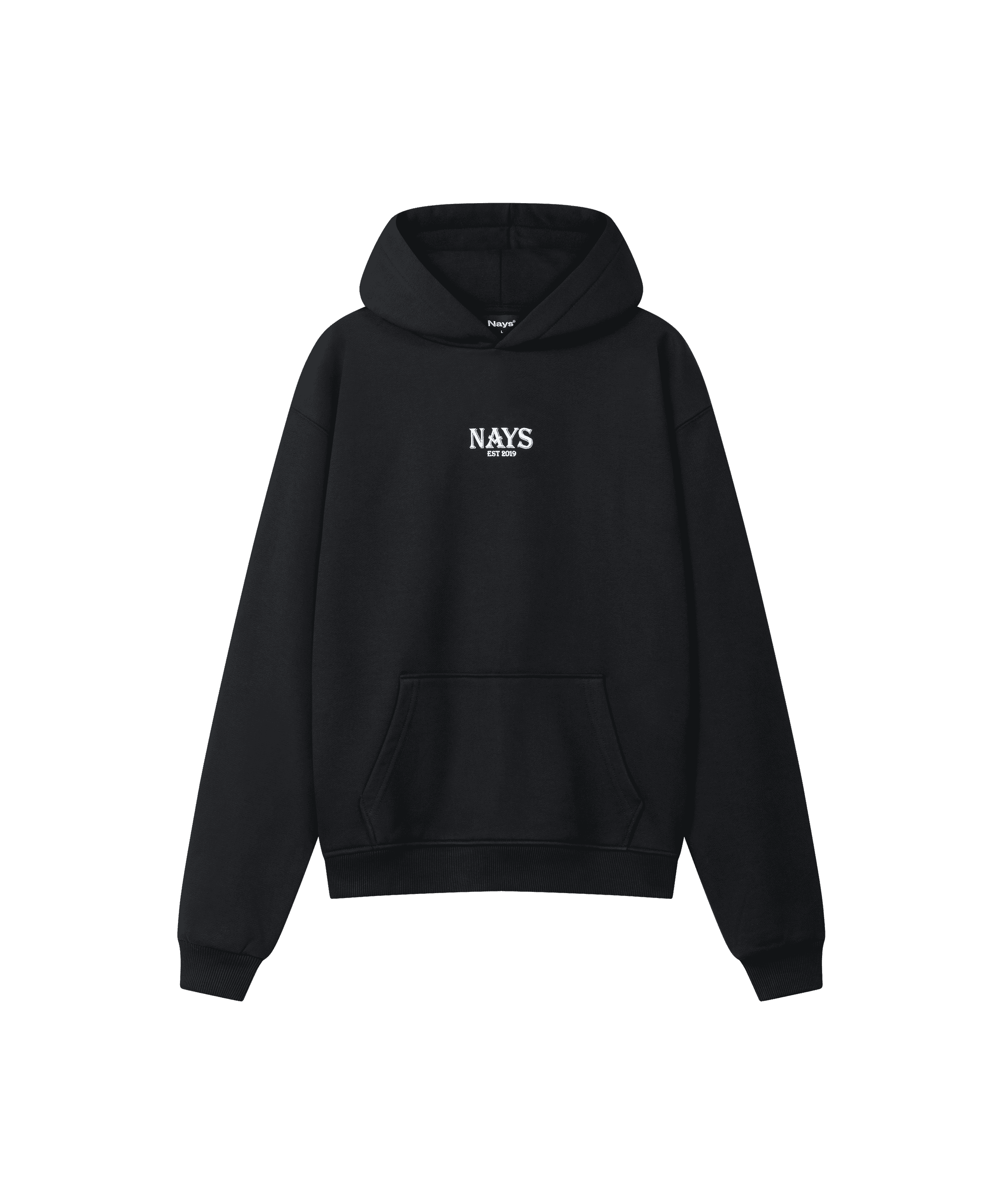 Frontansicht eines Kapuzen-Hoodies in schwarz für Herren. Das Sweatshirt ist locker geschnitten und hat einen kleinen mittigen "Nays" Logo Print.